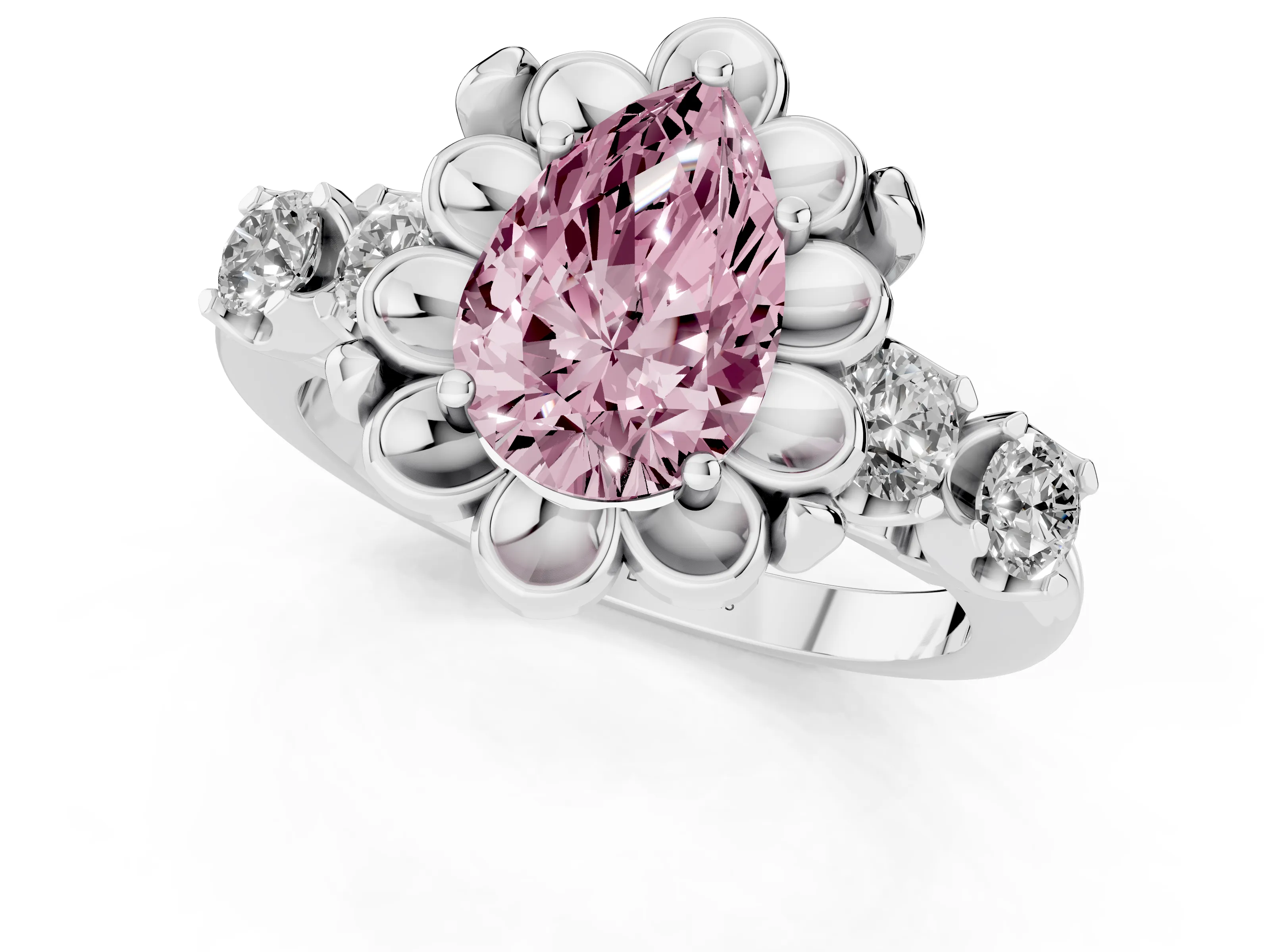 Fancy Pink Pear Cut Diamond Floral Halo Ring Set in White gold with Shared Prong Band