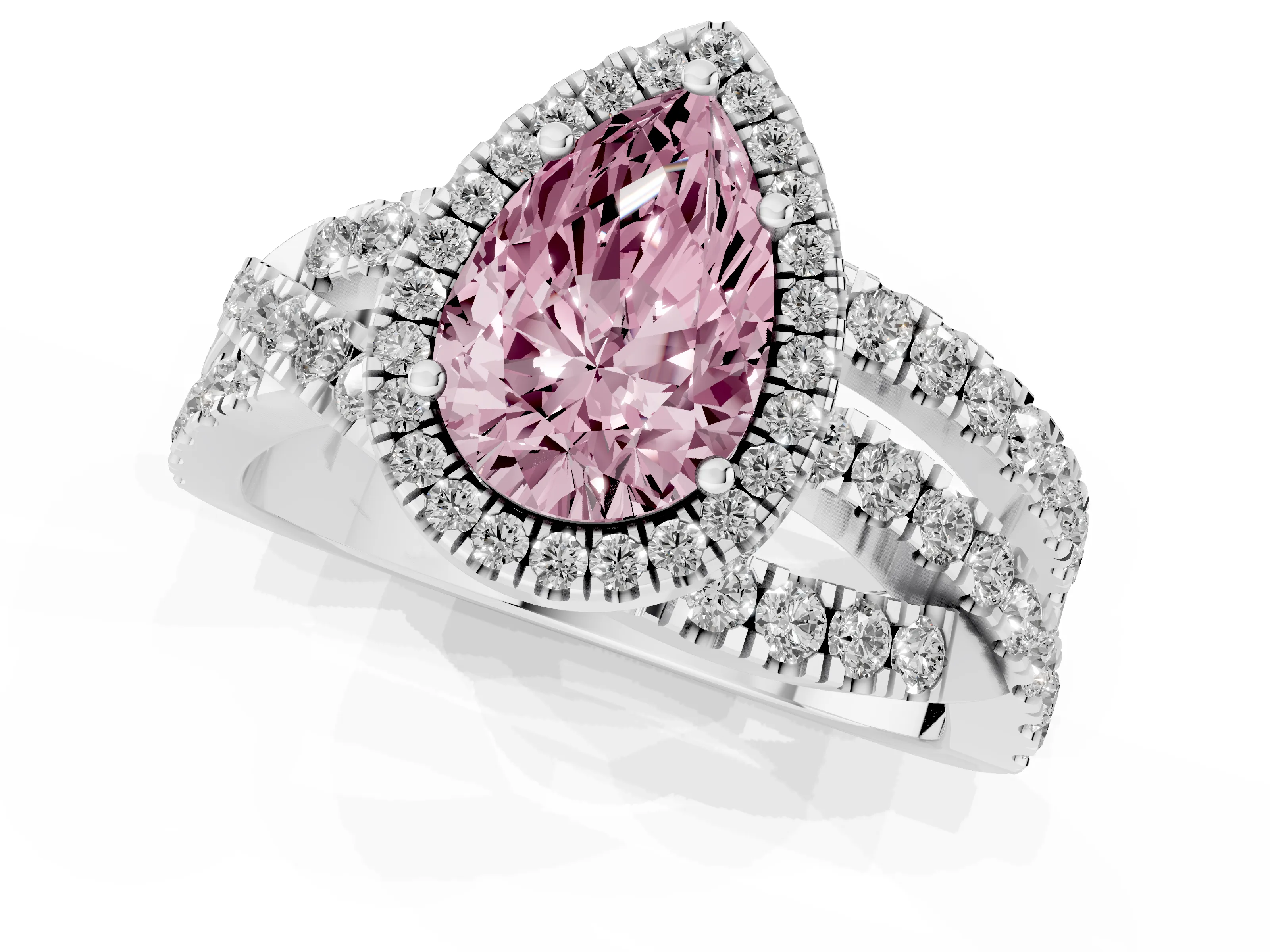 Fancy Pink Pear Cut Diamond Halo Ring Set in Platinum with Round Crossover Split Shank and Prong Setting
