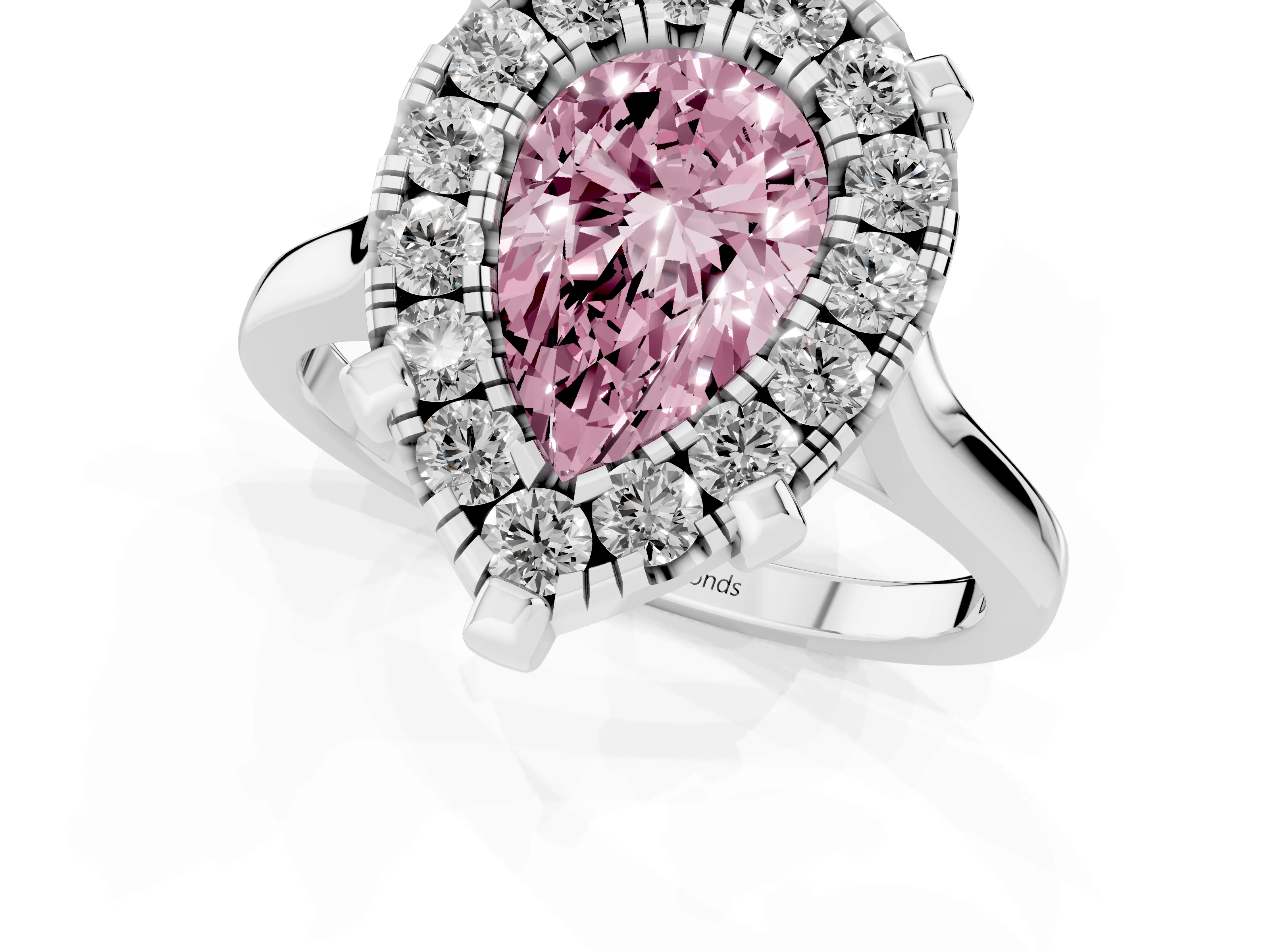 Fancy Pink Pear Cut Diamond Cluster Halo Solitaire Ring Set in Silver with Prong Setting