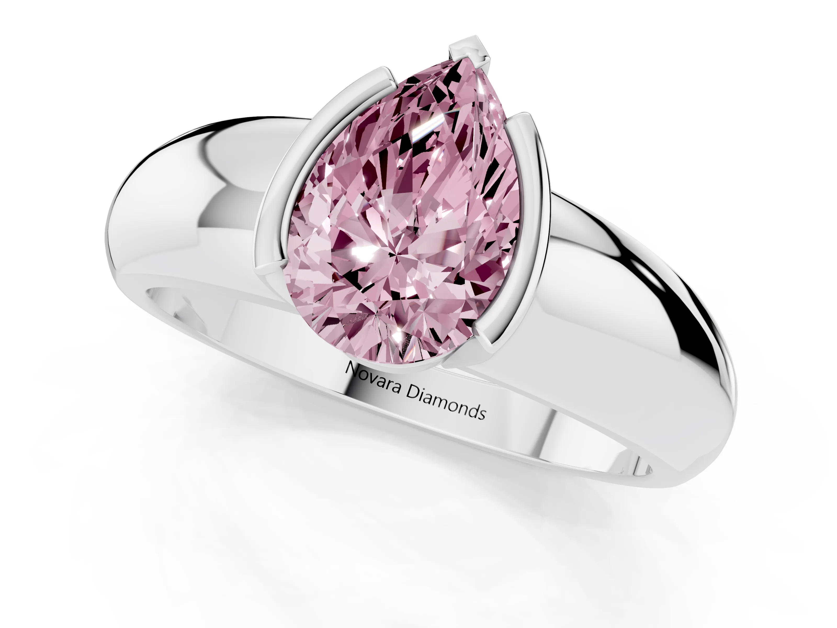 Fancy Pink Pear Cut Diamond Solitaire Tension Set Ring Set in White gold with Wide Band