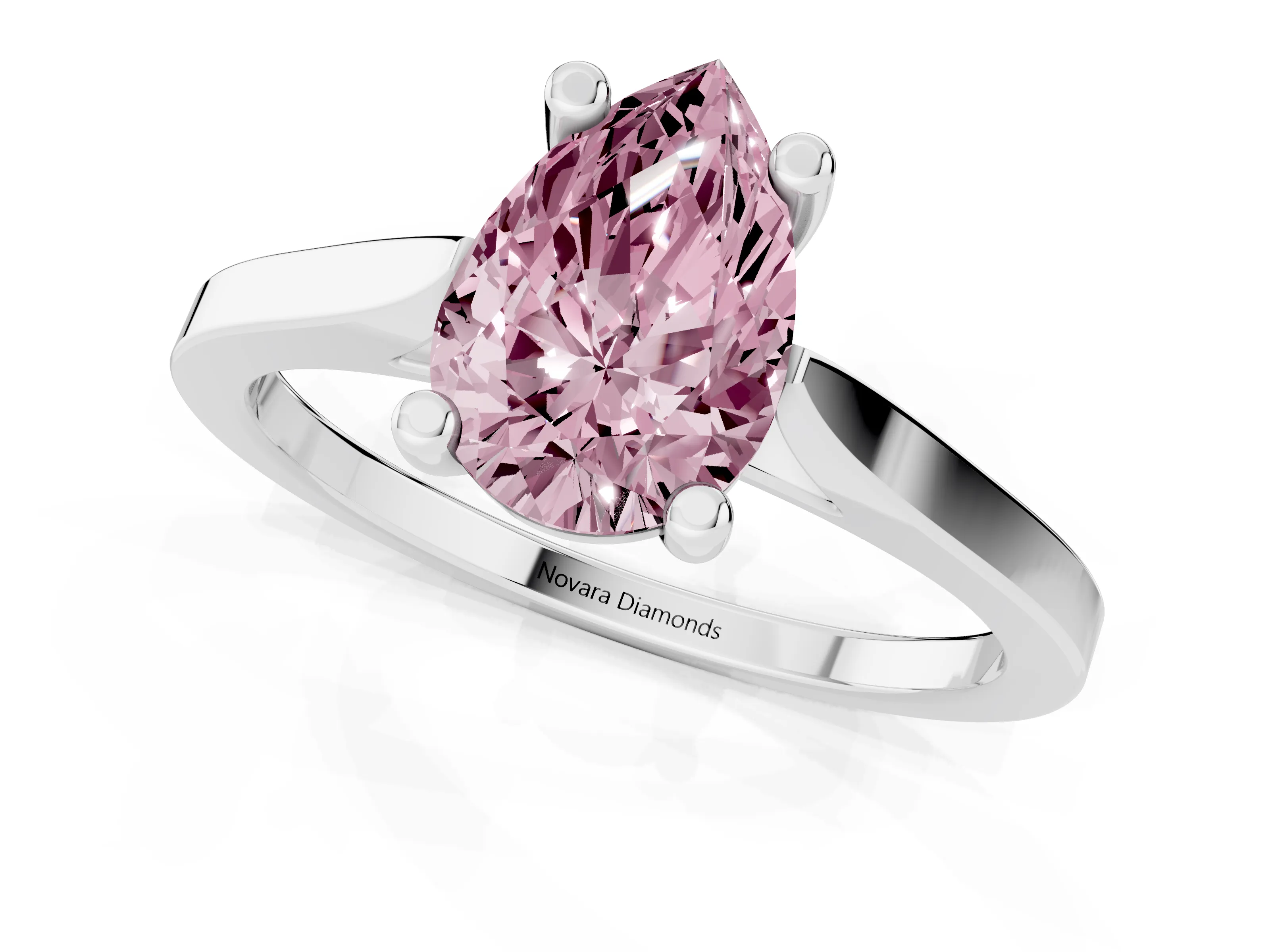 Fancy Pink Pear Cut Diamond Solitaire Ring Set in Platinum with Prong Setting and Tapered Band