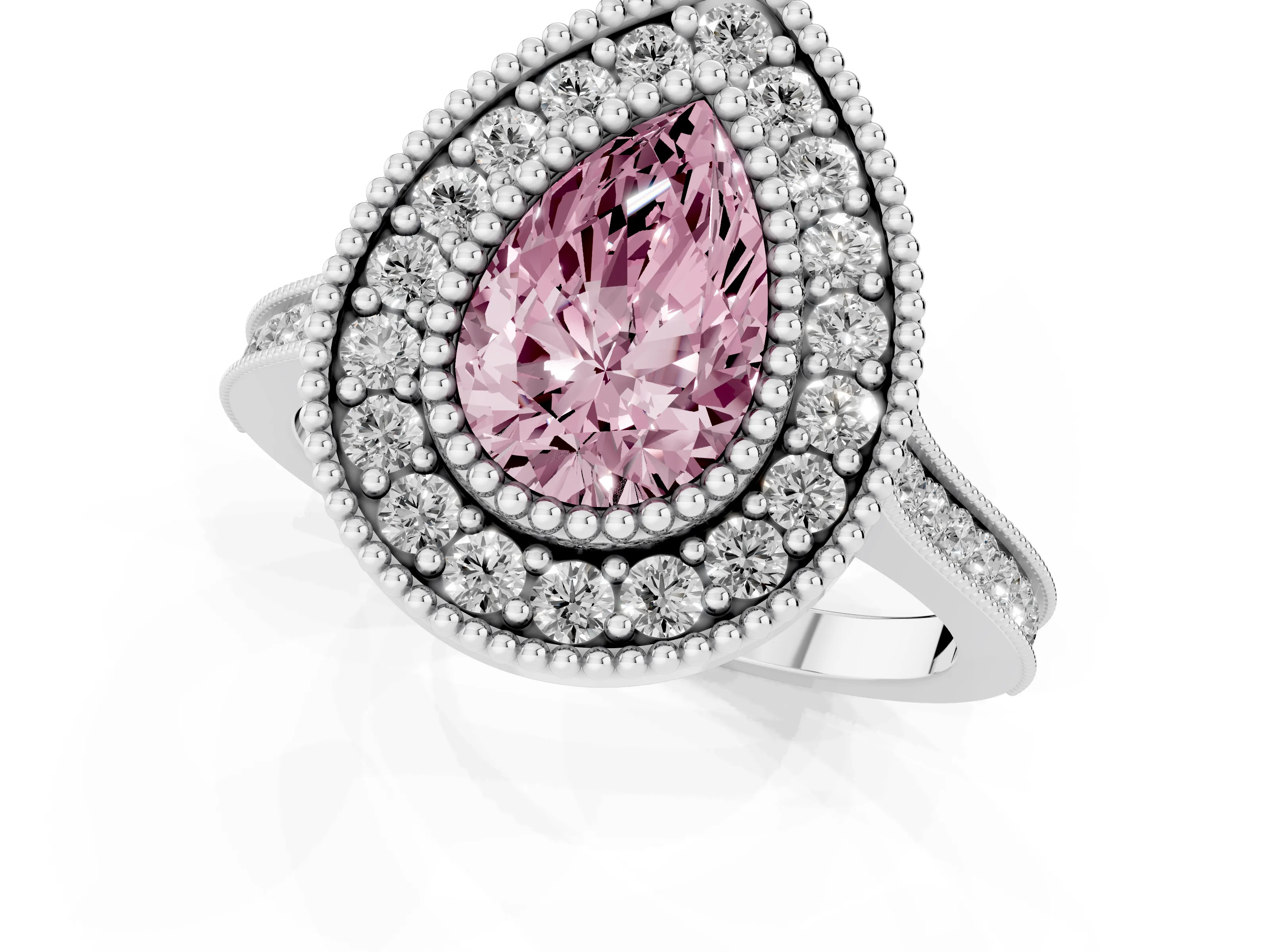 Fancy Pink Pear Cut Diamond Halo Ring Set in Silver with Milgrain Frame and Pavé Band