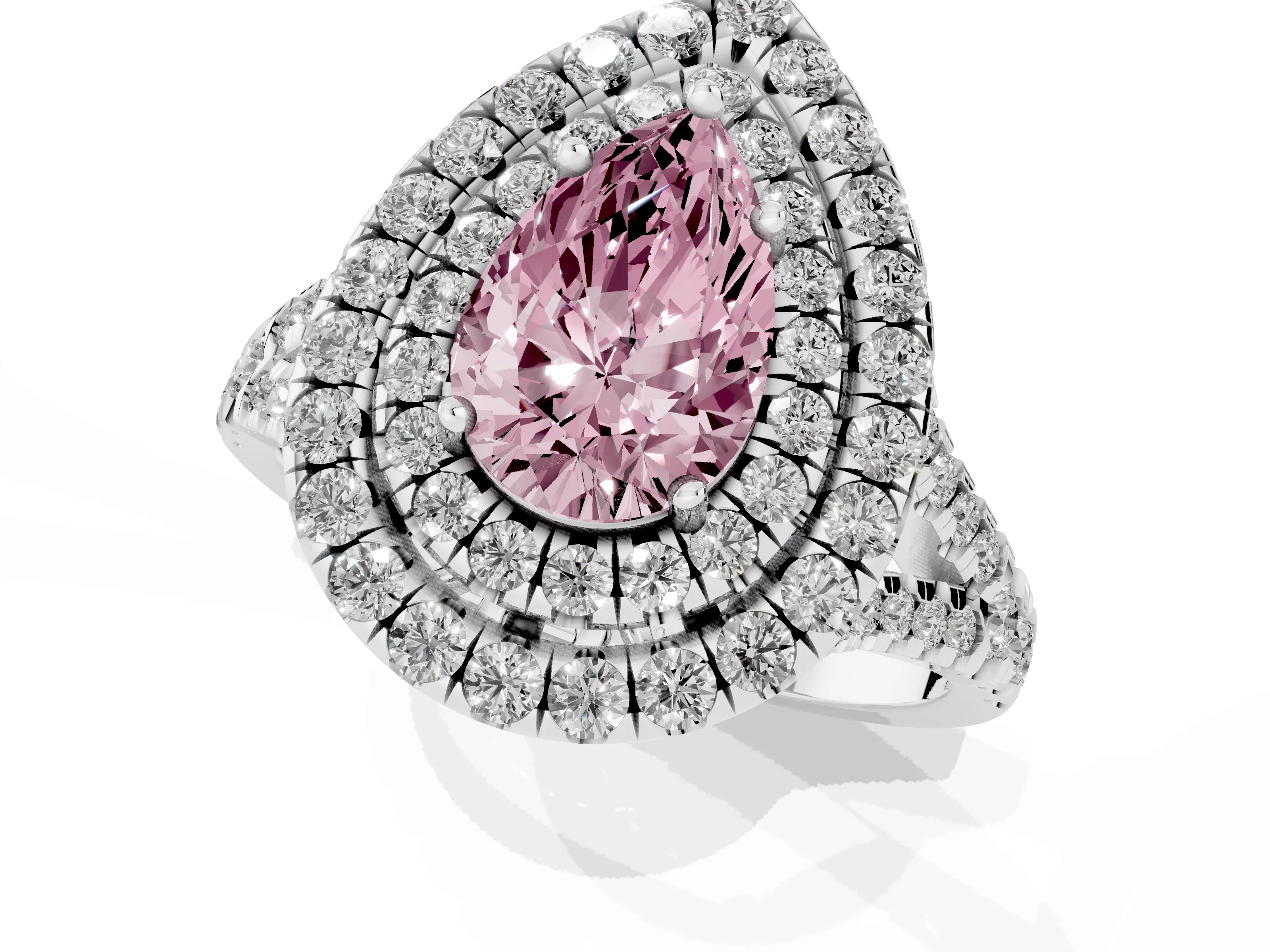 Fancy Pink Pear Cut Diamond Double Halo Ring Set in Silver with Pavé Split Shank and Prong Setting