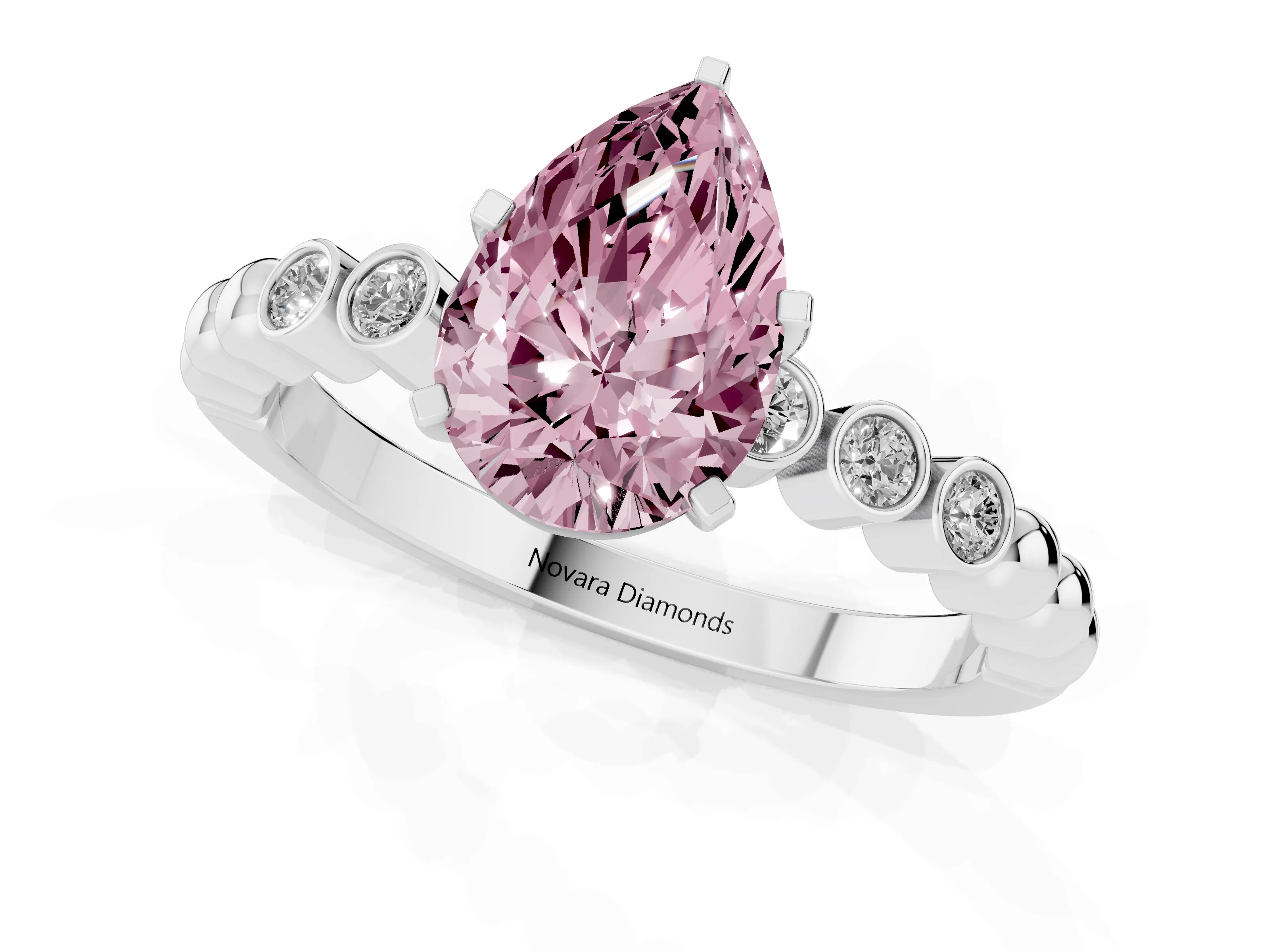 Fancy Pink Pear Cut Diamond Solitaire Engagement Ring Set in Silver with Bezel Accents on Beaded Band