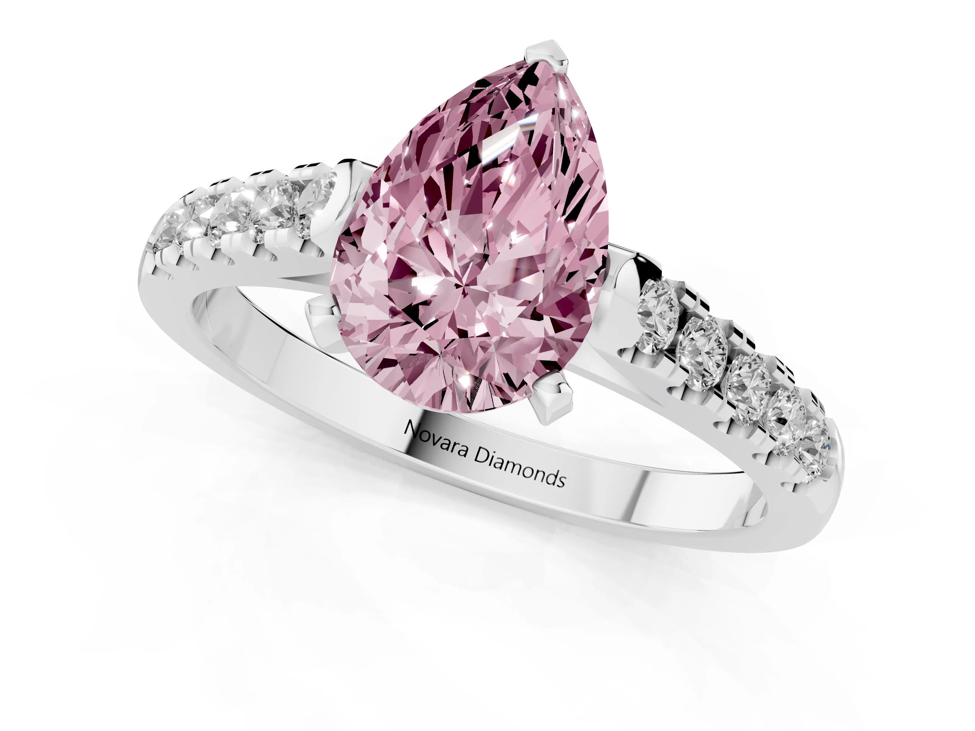Fancy Pink Pear Cut Diamond Pavé Band Solitaire Ring Set in White gold with Partway Accent Stones and Prong Setting