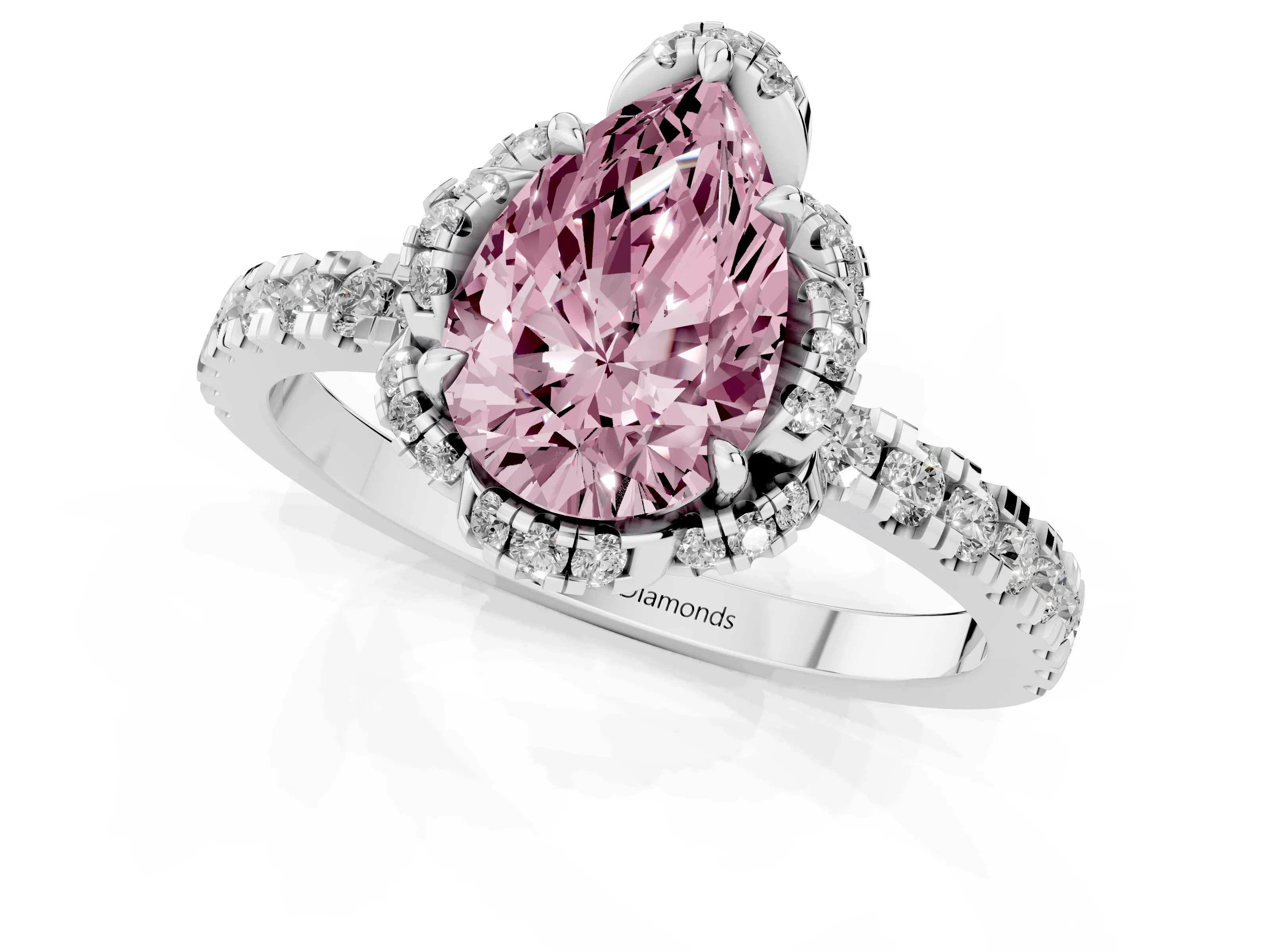 Fancy Pink Pear Cut Diamond Halo Pavé Band Ring Set in Platinum with Prong-Held Center