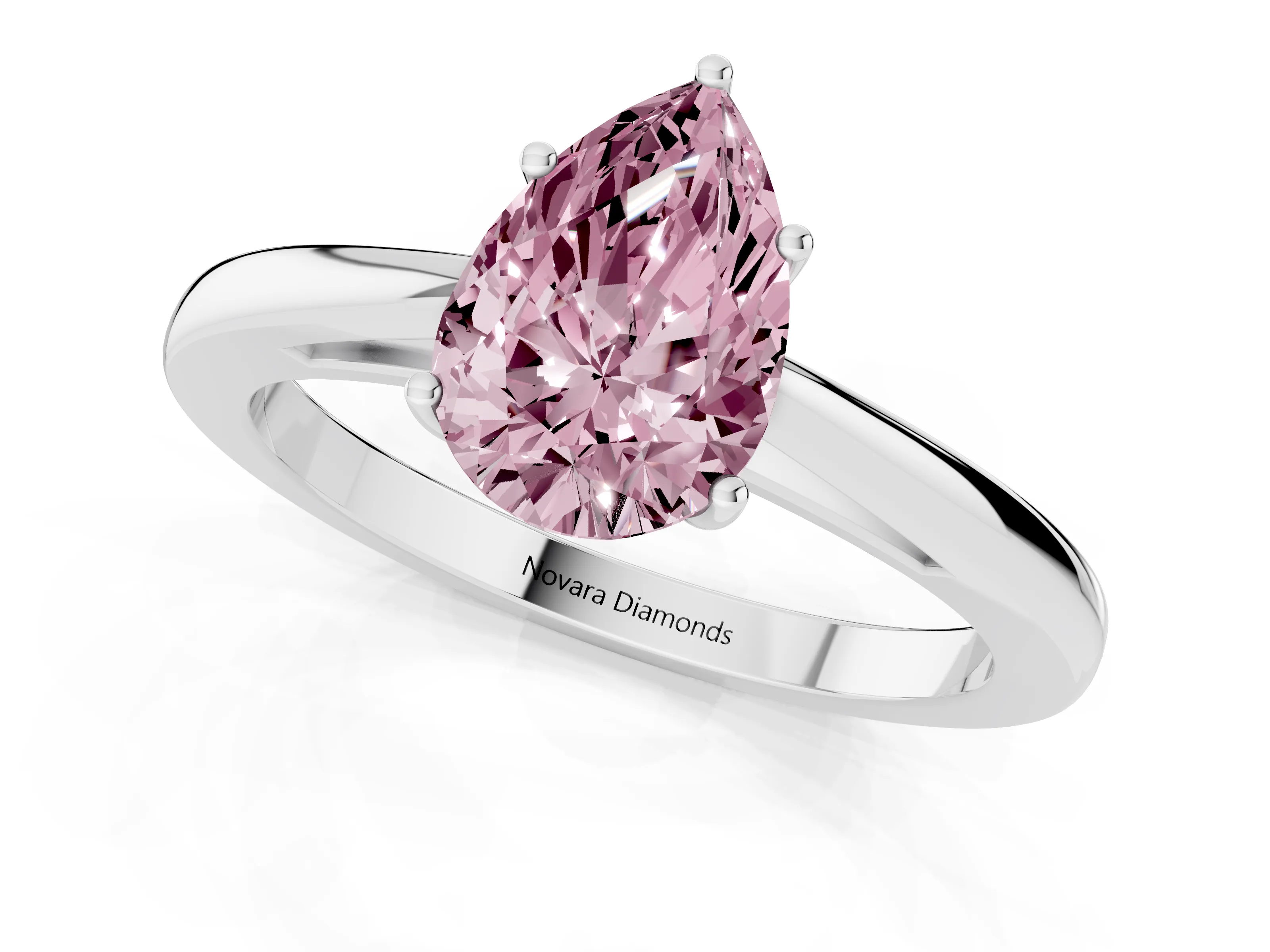 Fancy Pink Pear Cut Diamond Solitaire Ring Set in Silver with Split Shank and Prong Setting
