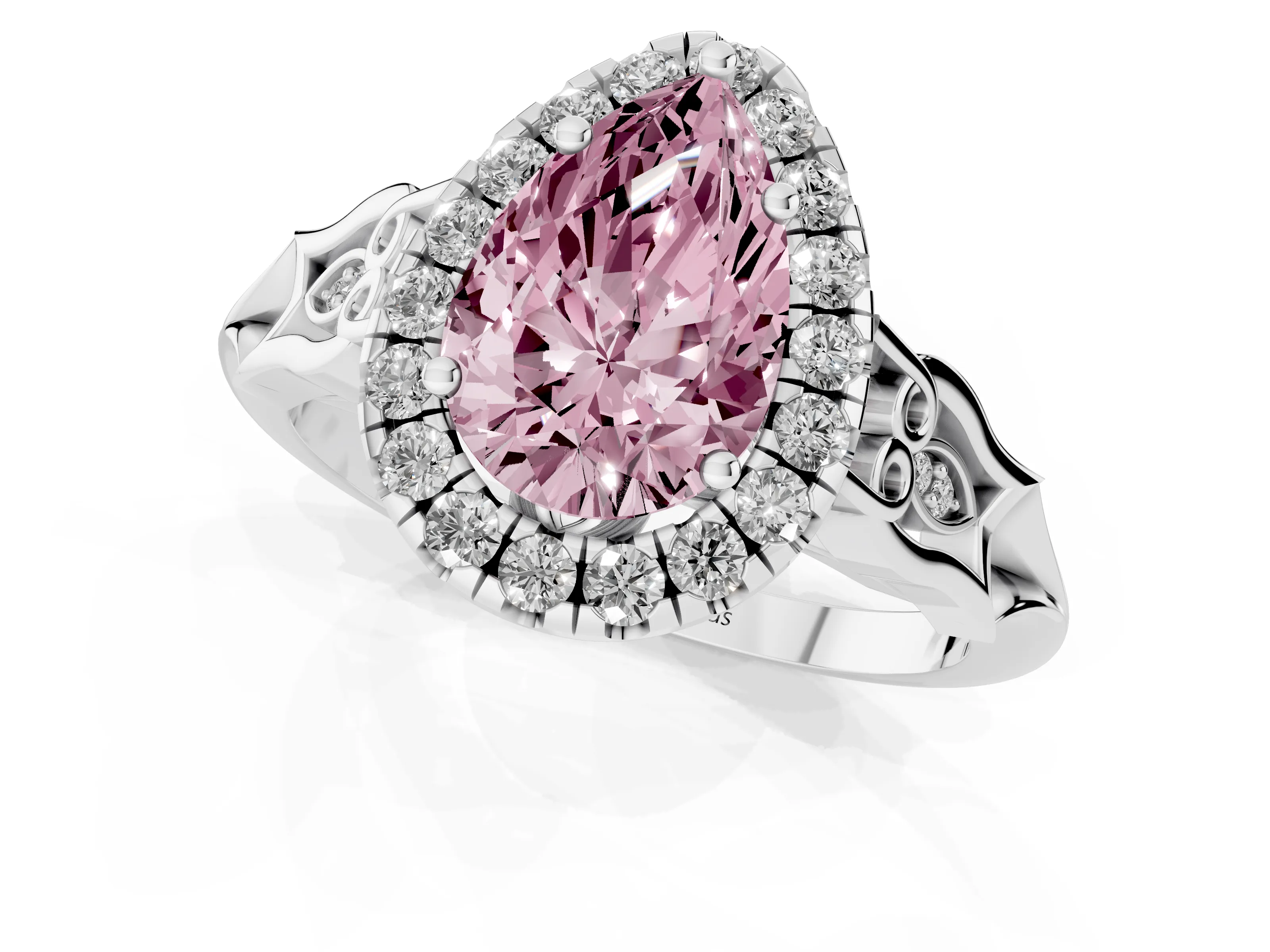 Fancy Pink Pear Cut Diamond Halo Engagement Ring Set in Platinum with Filigree Band and Prong-Set Center – second view
