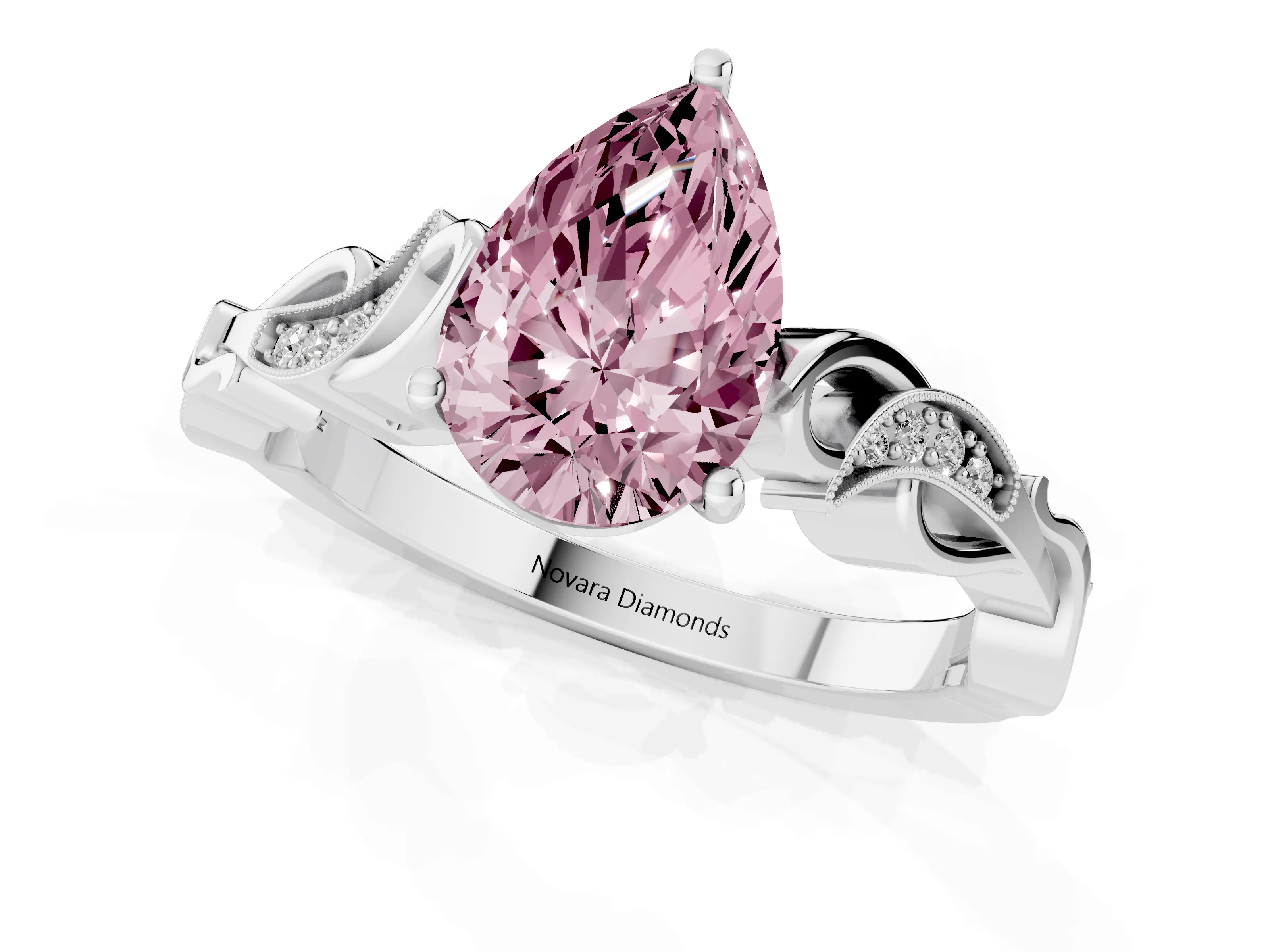 Fancy Pink Pear Cut Diamond Vine Band Solitaire Ring Set in White gold with Milgrain Prong Setting