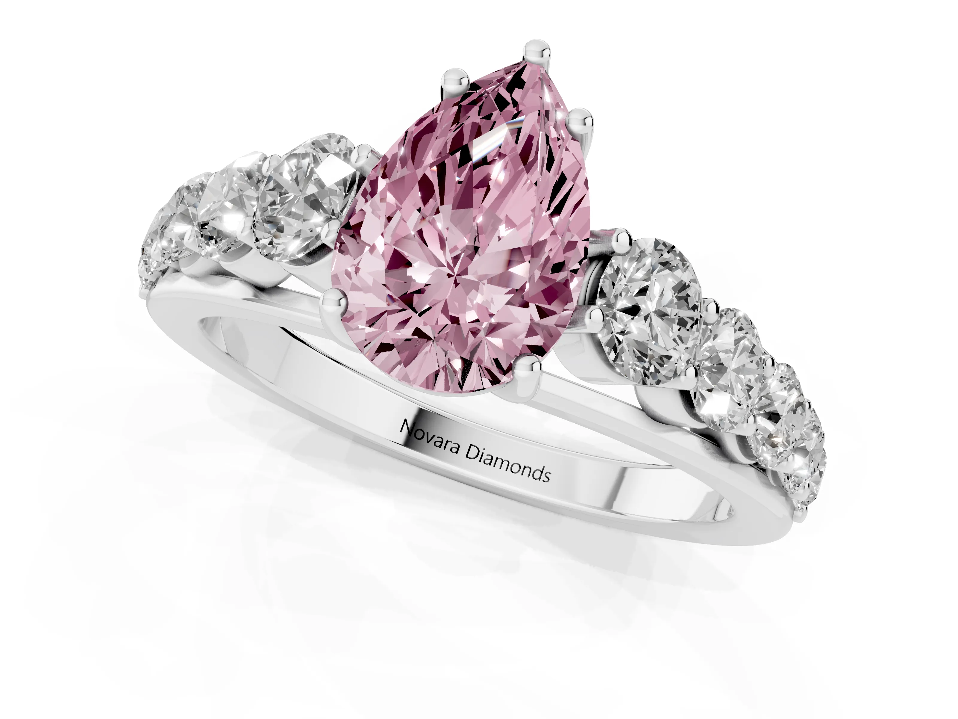 Fancy Pink Pear Cut Diamond Solitaire Ring Set in Silver with Pavé-Set Band and Prong Setting