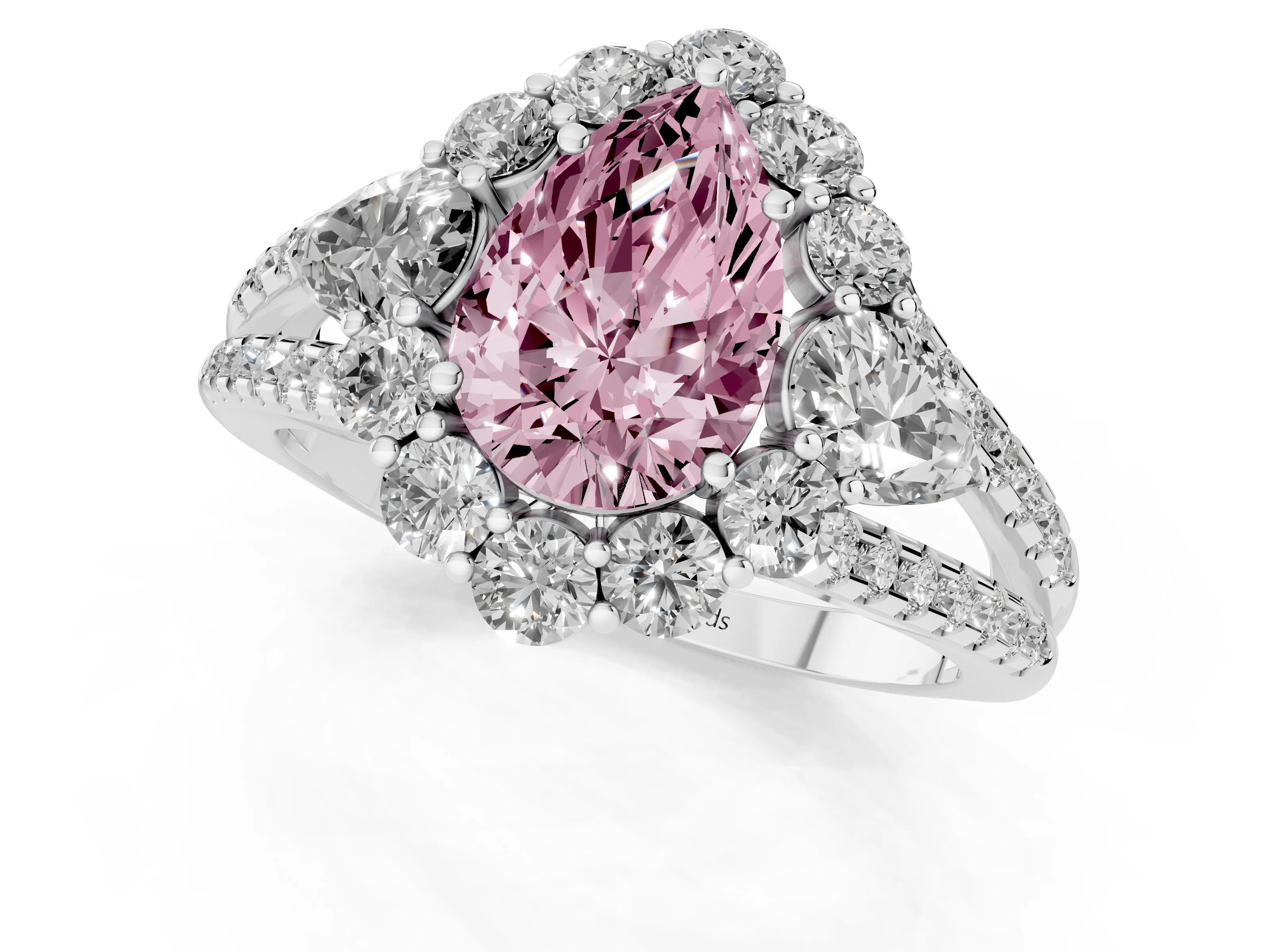 Fancy Pink Pear Cut Diamond Halo Split Shank Engagement Ring Set in Silver with Prong-Held Center Stone