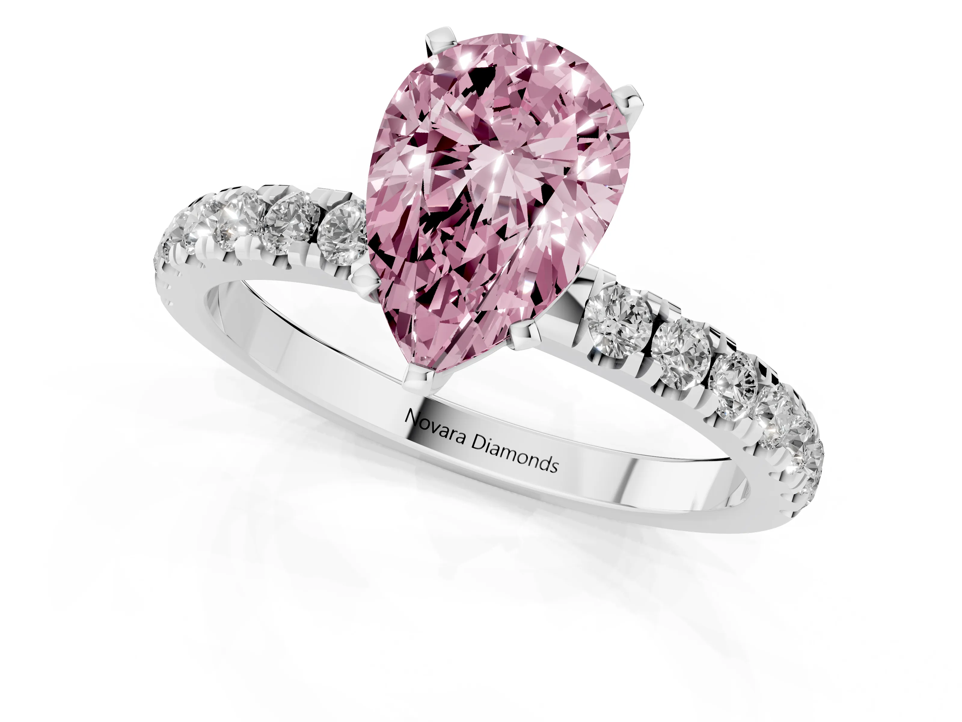 Fancy Pink Pear Cut Diamond Solitaire Ring Set in Platinum with Pavé Accents and Prong Setting