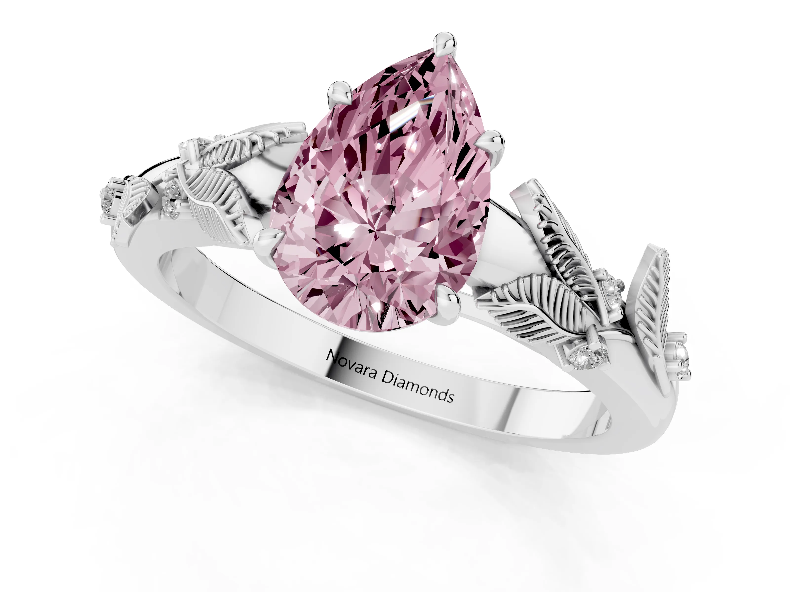 Fancy Pink Pear Cut Diamond Solitaire Ring Set in White gold with Leaf Motif Band