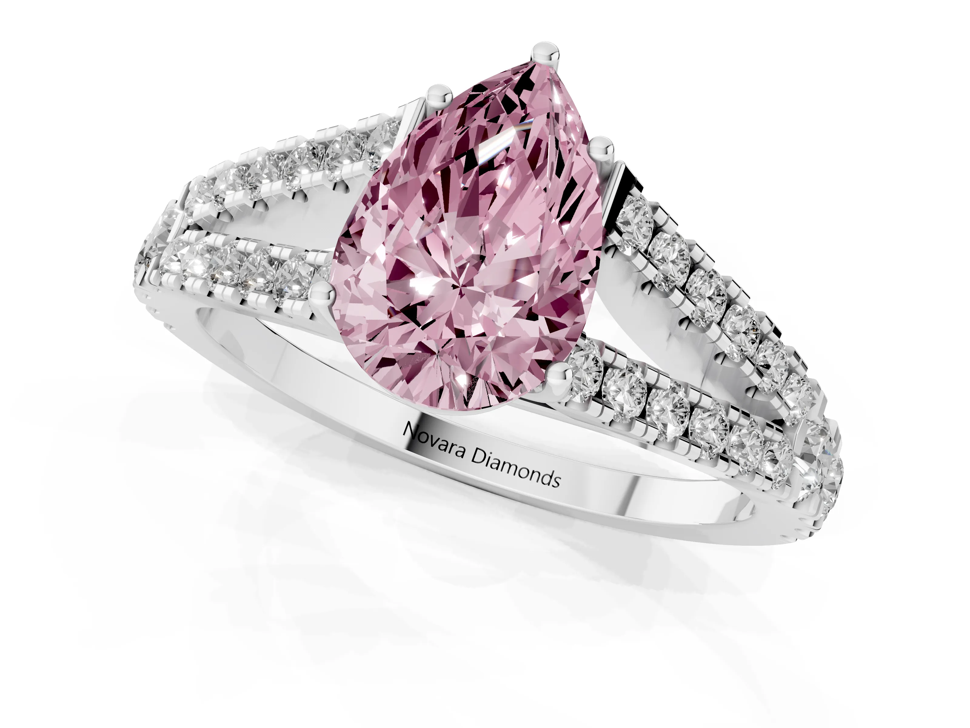 Fancy Pink Pear Cut Diamond Split Shank Pavé Engagement Ring Set in Platinum with Prong-Held Center Stone