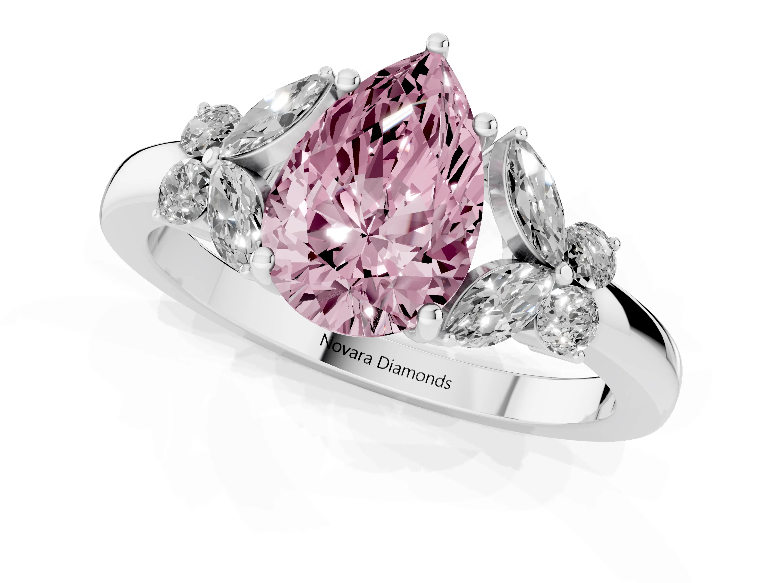 Fancy Pink Pear Cut Diamond Solitaire Floral Ring Set in Silver with Marquise Petals and Prong Setting