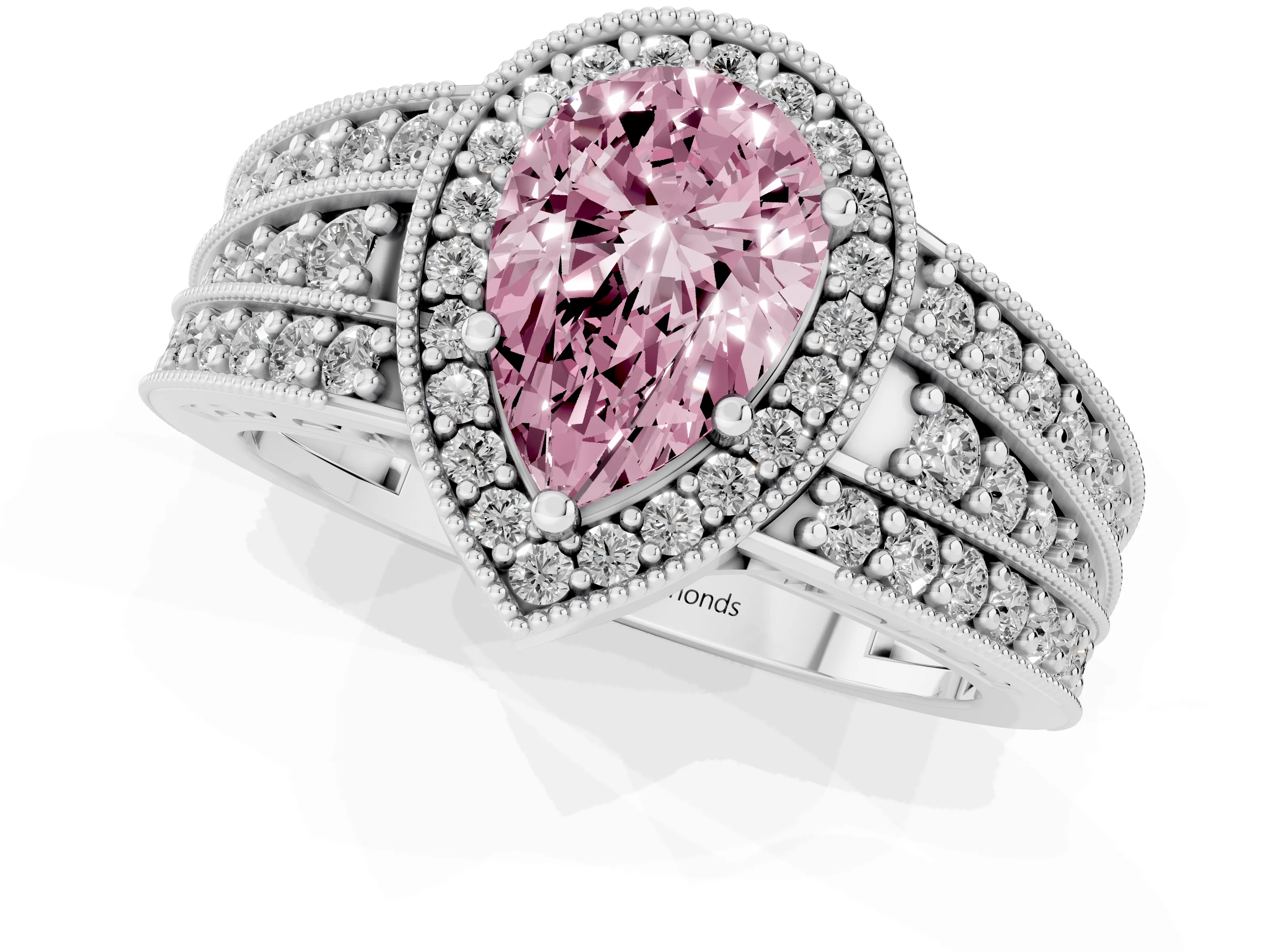 Fancy Pink Pear Cut Diamond Halo Ring Set in Platinum with Accent Split Shank and Prong Setting