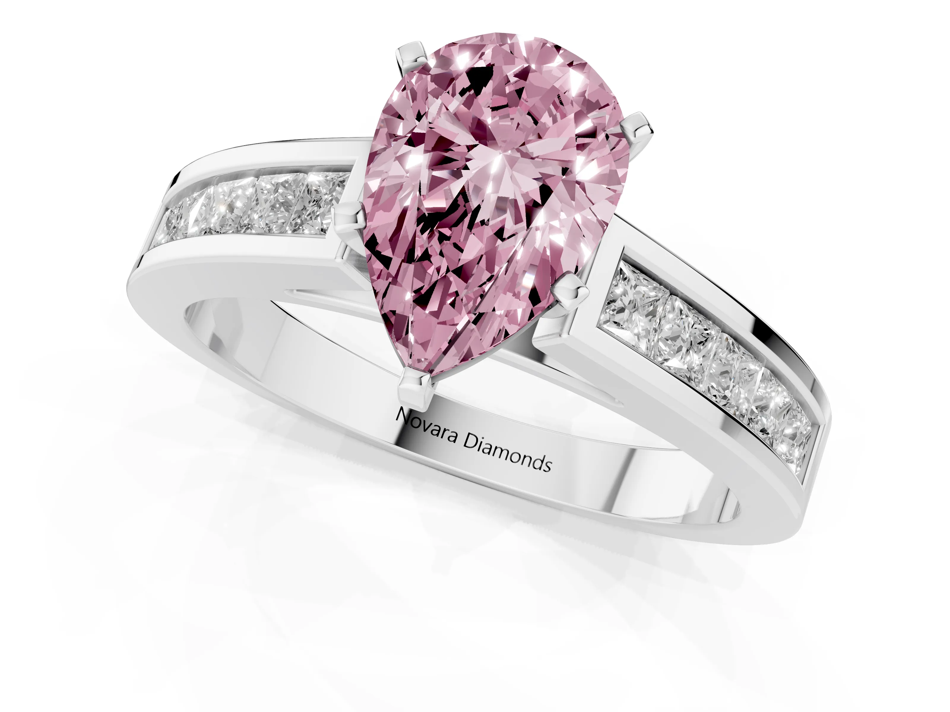 Fancy Pink Pear Cut Diamond Solitaire Ring Set in White gold with Channel-Set Band and Prong Setting