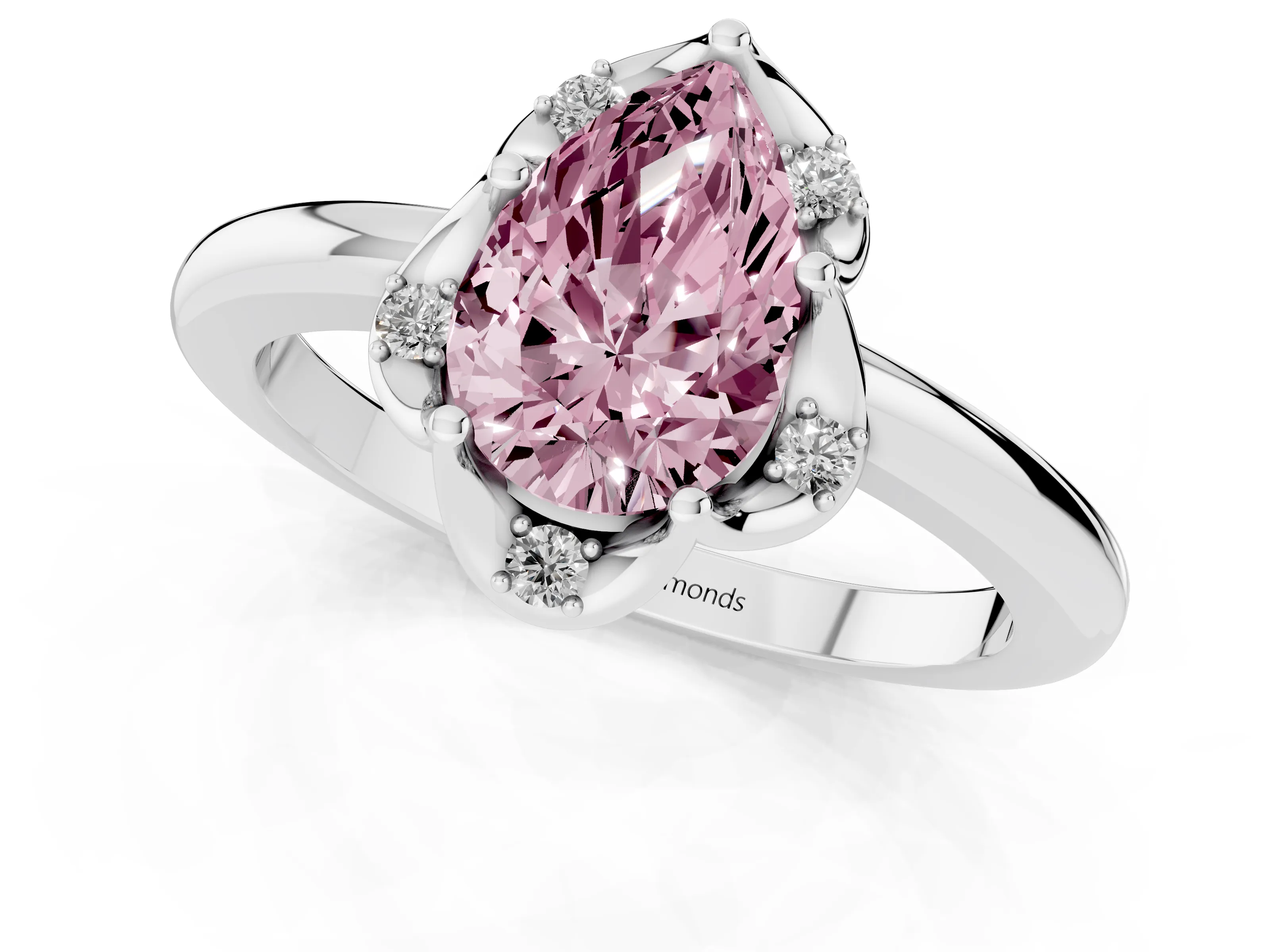 Fancy Pink Pear Cut Diamond Round Cluster Halo Ring Set in White gold with Solitaire Band and Prong Setting
