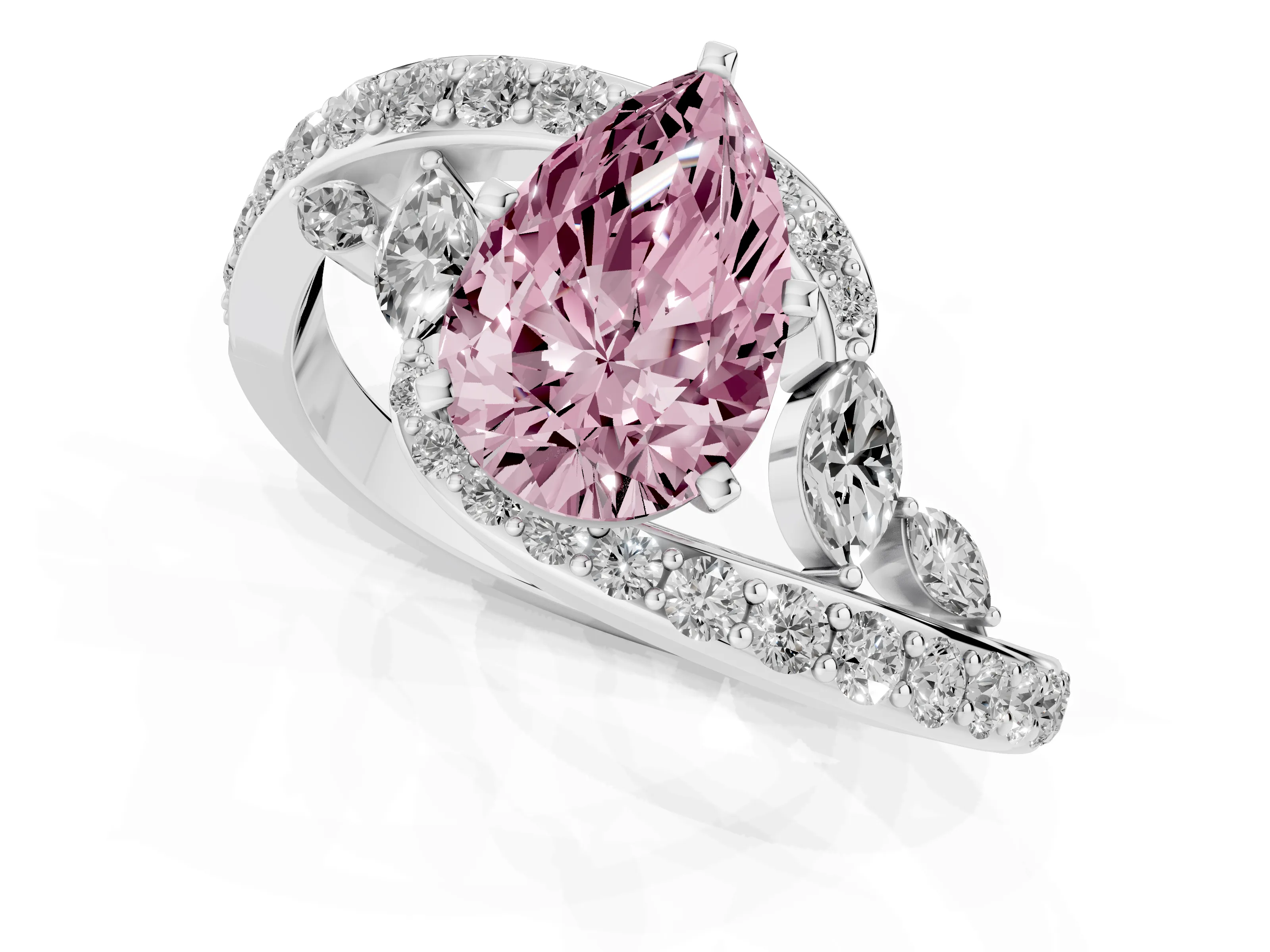 Fancy Pink Pear Cut Diamond Solitaire Ring Set in Platinum with Pavé Twist Band and Secure Prong Setting