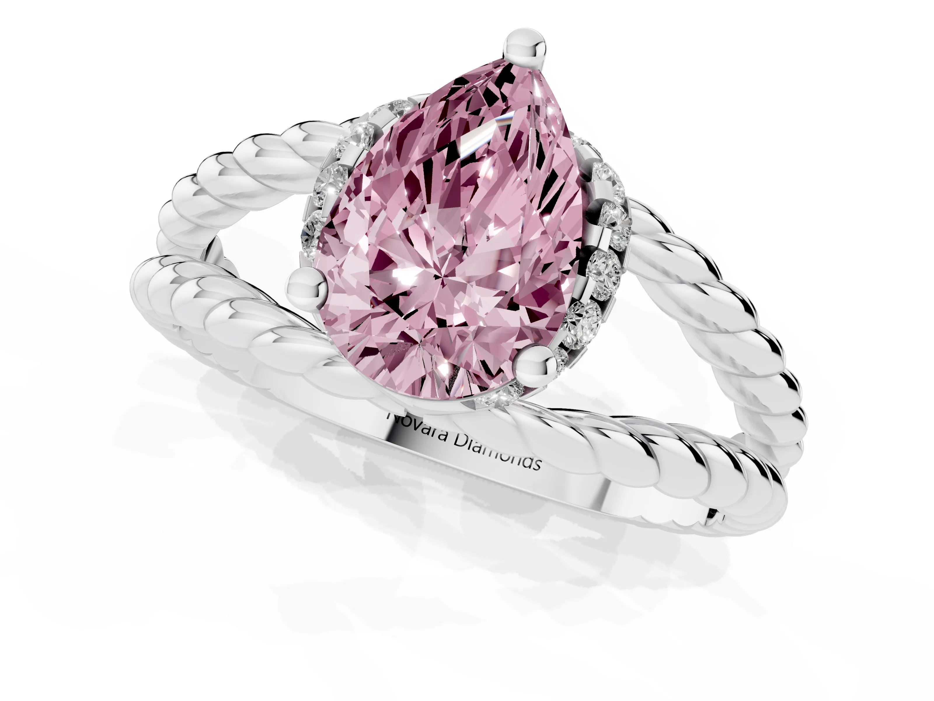 Fancy Pink Pear Cut Diamond Halo Ring Set in White gold with Twisted Band and Prong Setting