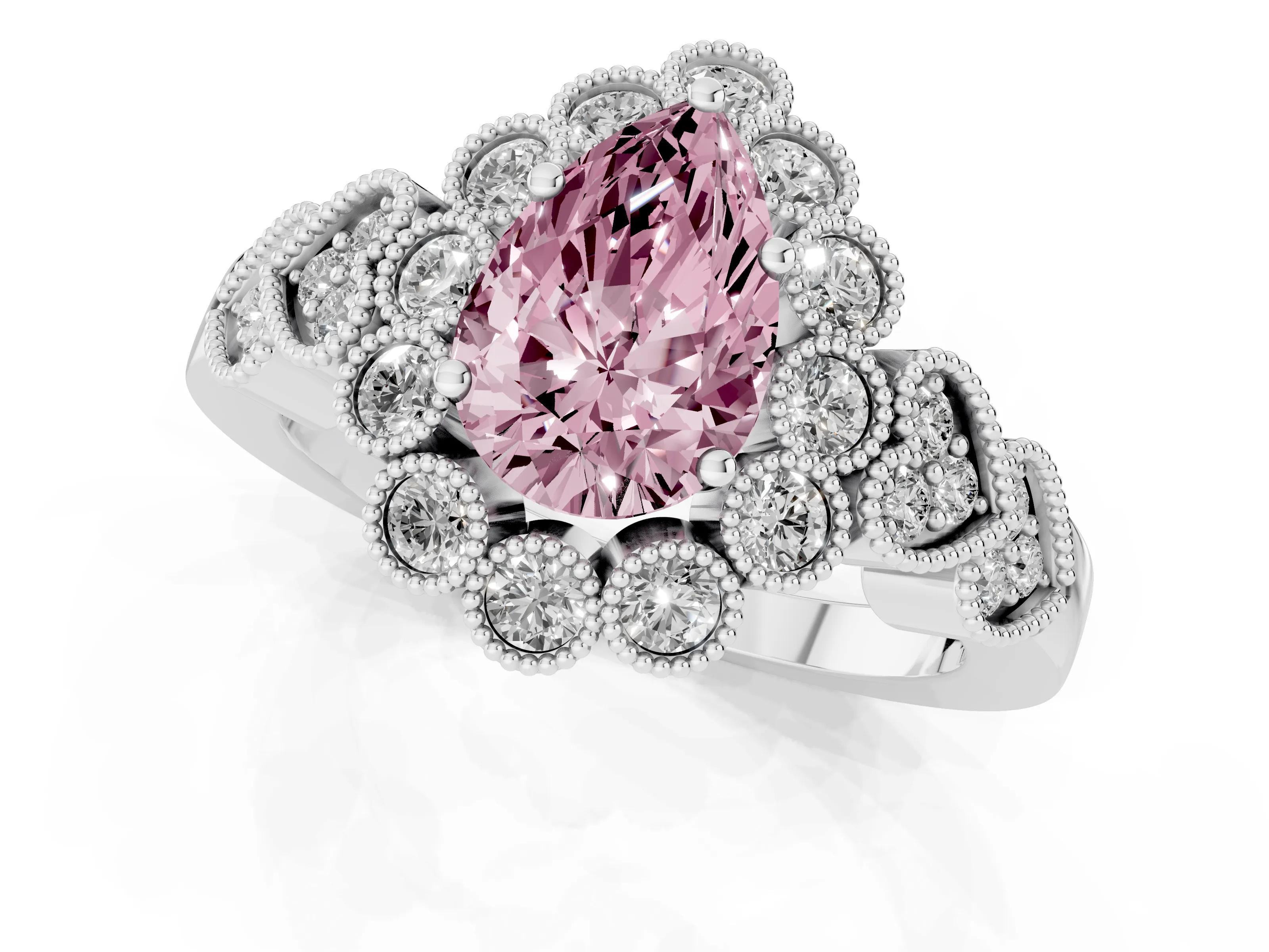 Fancy Pink Pear Cut Diamond Solitaire Ring Set in White gold with Milgrain Pavé Heart Band
