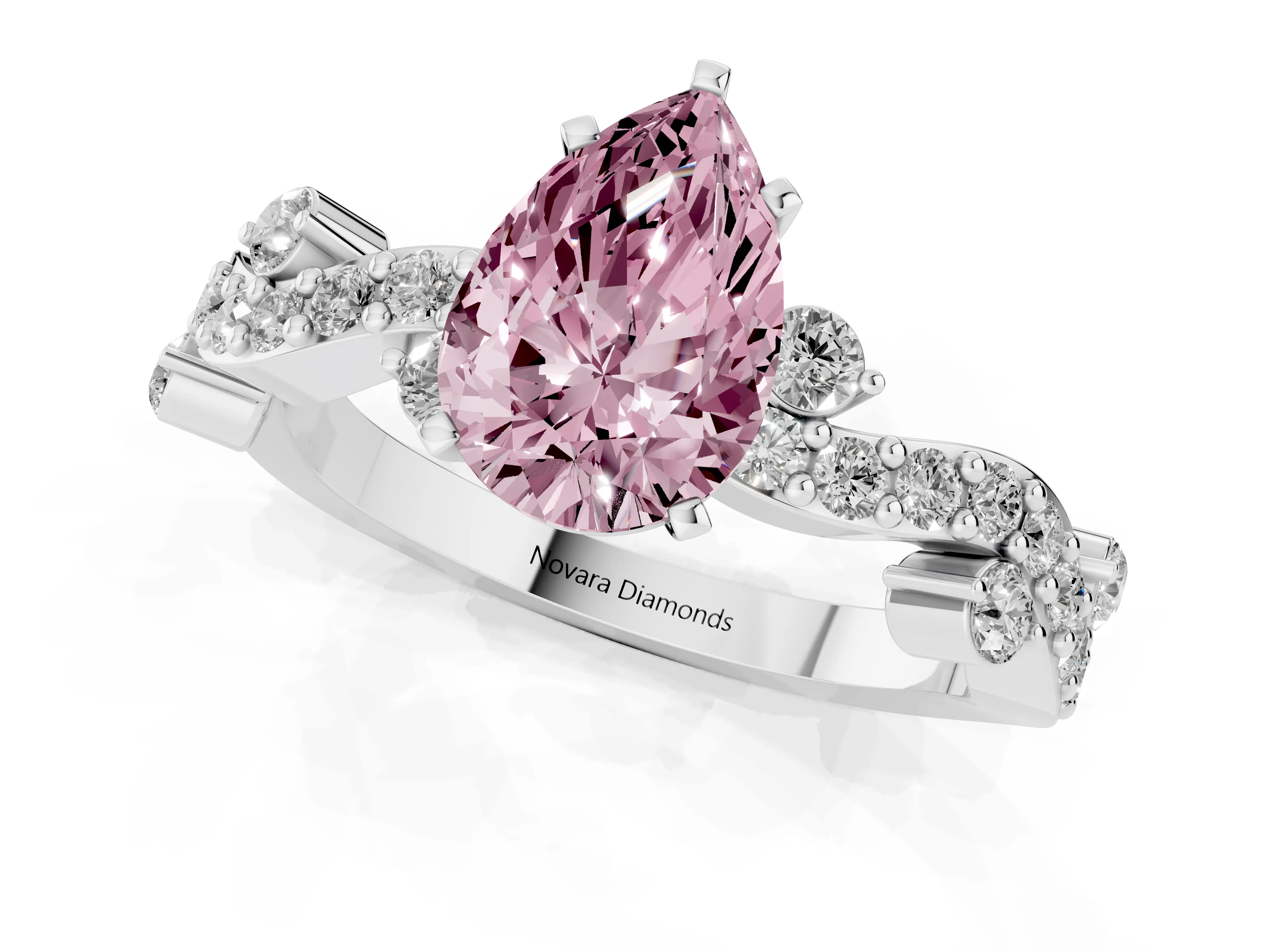 Fancy Pink Pear Cut Diamond Solitaire Twisted Band Set in White gold with Pavé Setting