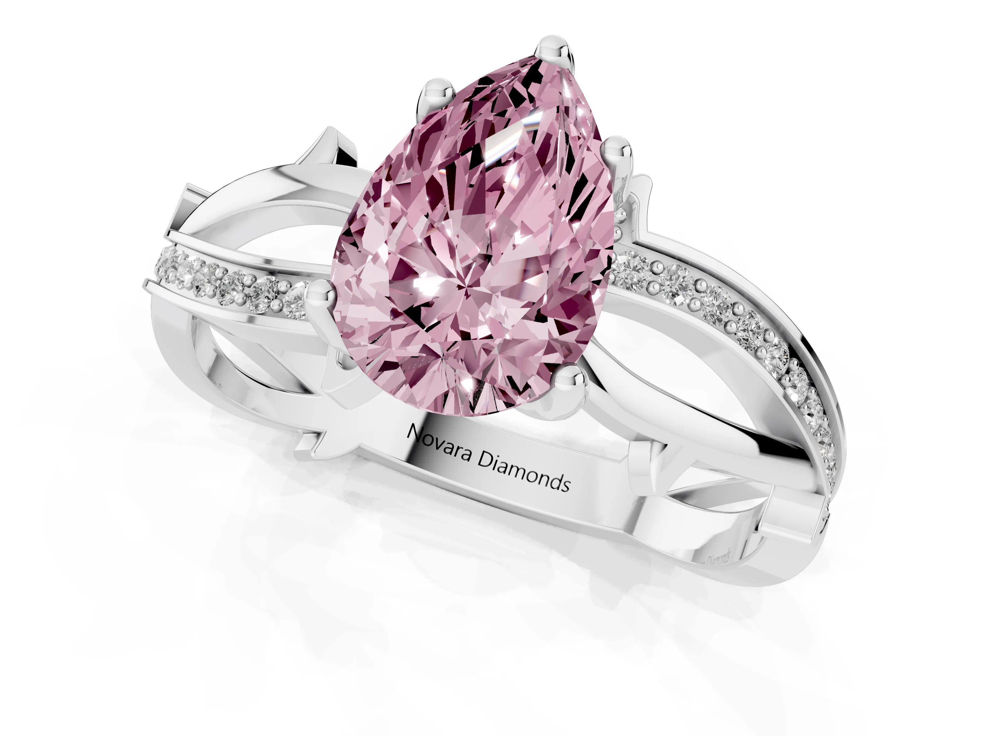 Fancy Pink Pear Cut Diamond Pavé Twist Band Solitaire Ring Set in Silver with Prong Setting