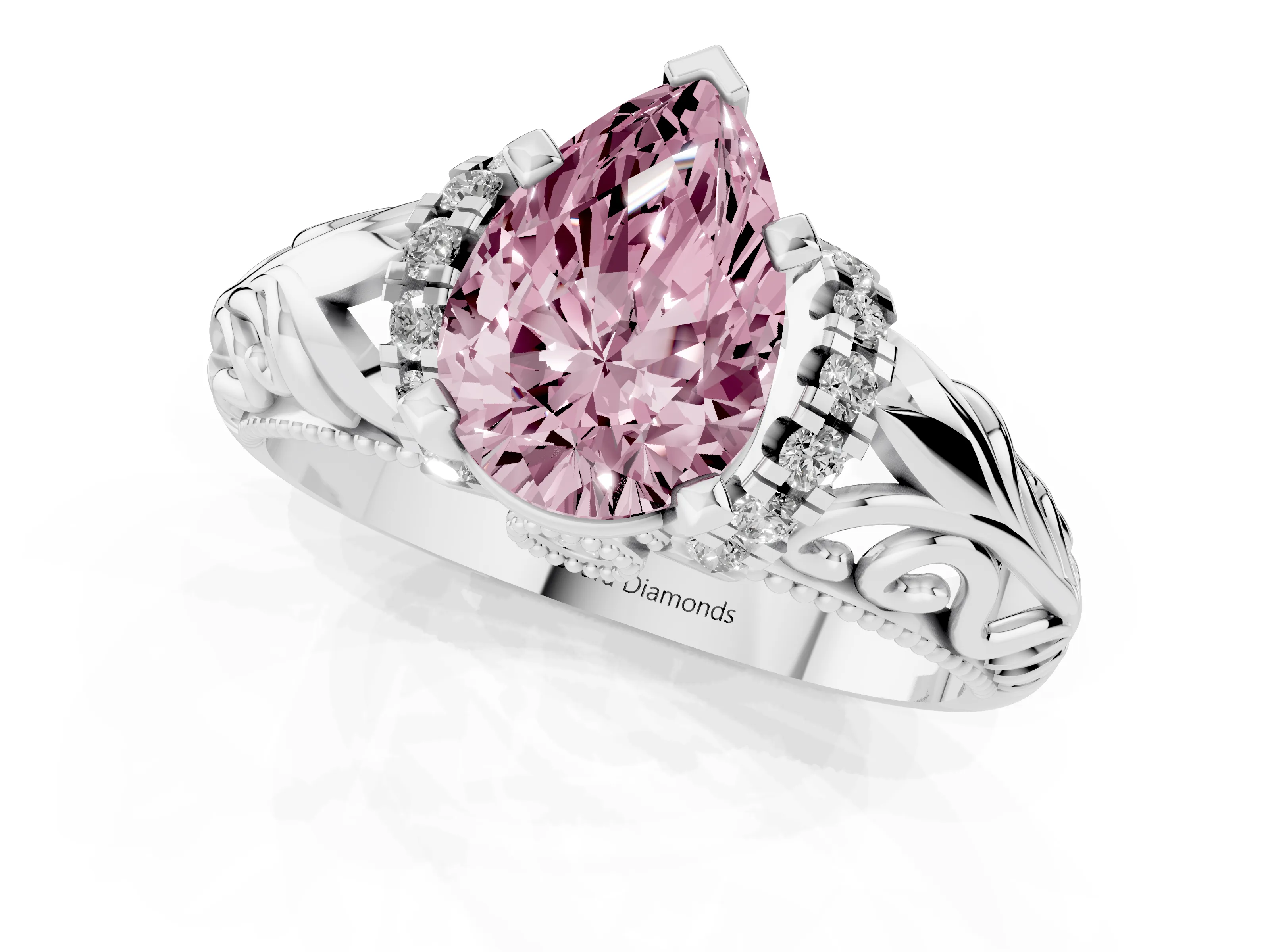 Fancy Pink Pear Cut Diamond Filigree Halo Engagement Ring Set in Silver with Prong Setting