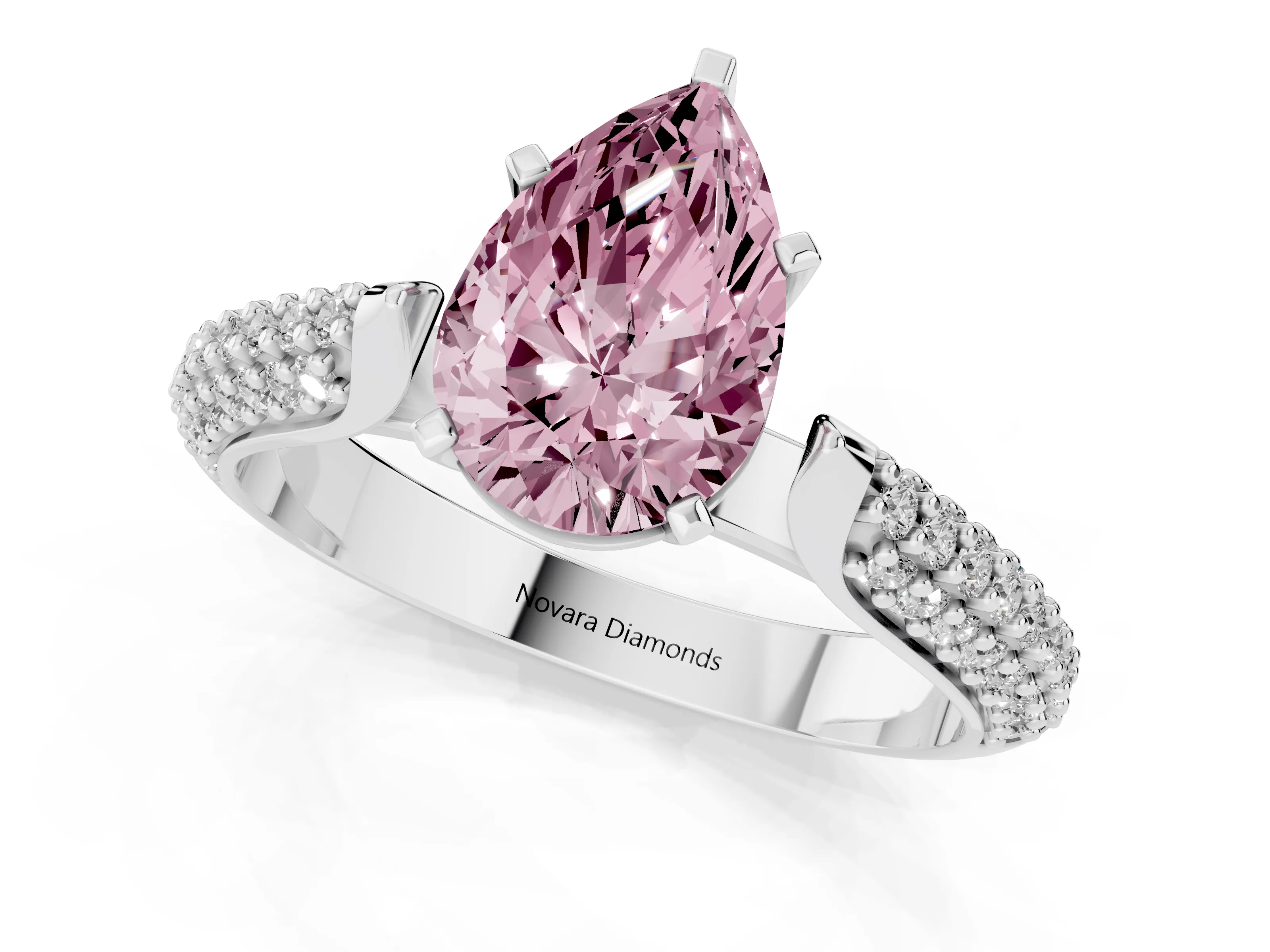 Fancy Pink Pear Cut Diamond Solitaire Engagement Ring Set in White gold with Multi-Row Round Pavé Band and Prong Setting