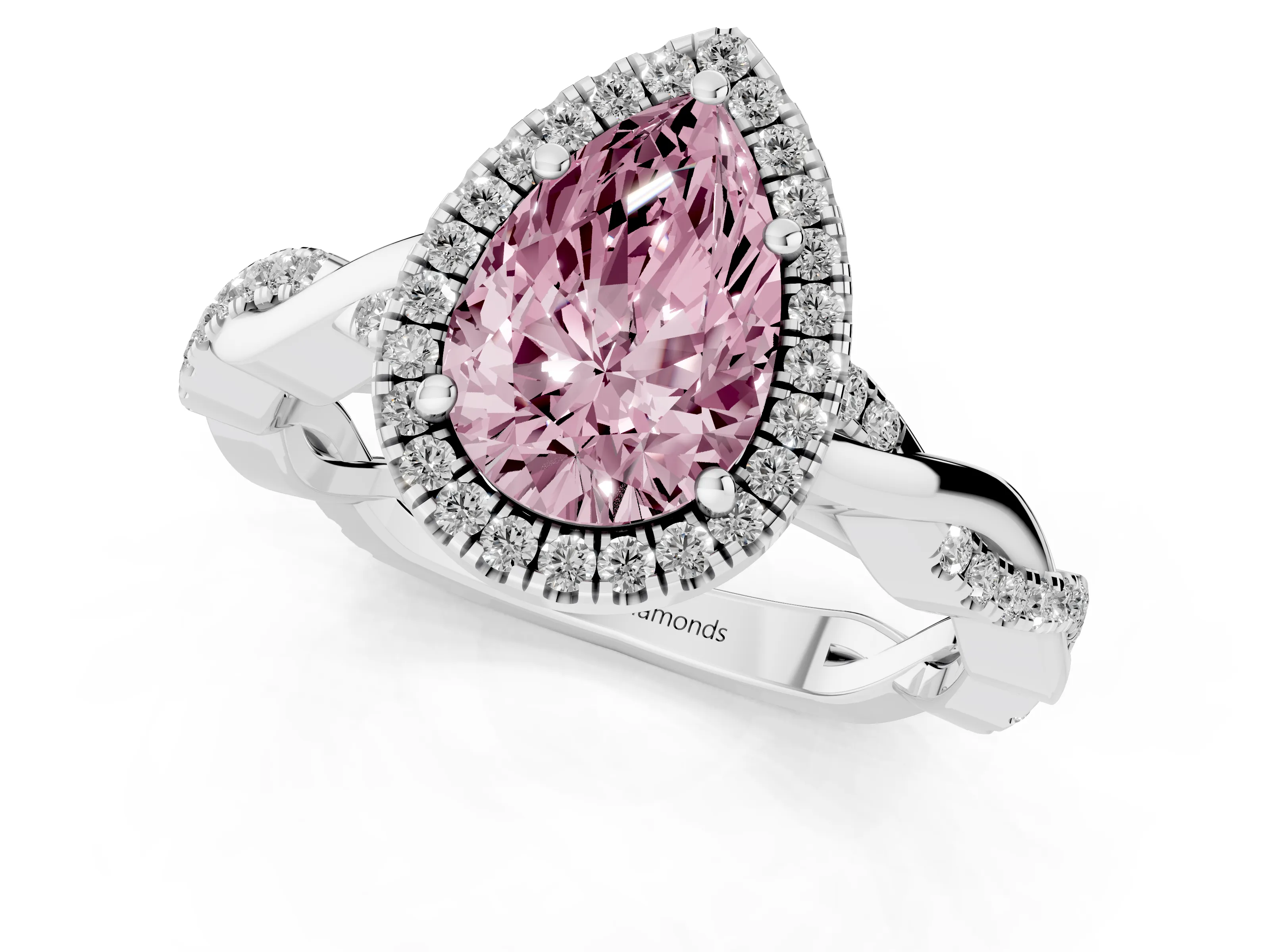 Fancy Pink Pear Cut Diamond Halo Twisted Band Ring Set in Platinum with Prong Setting