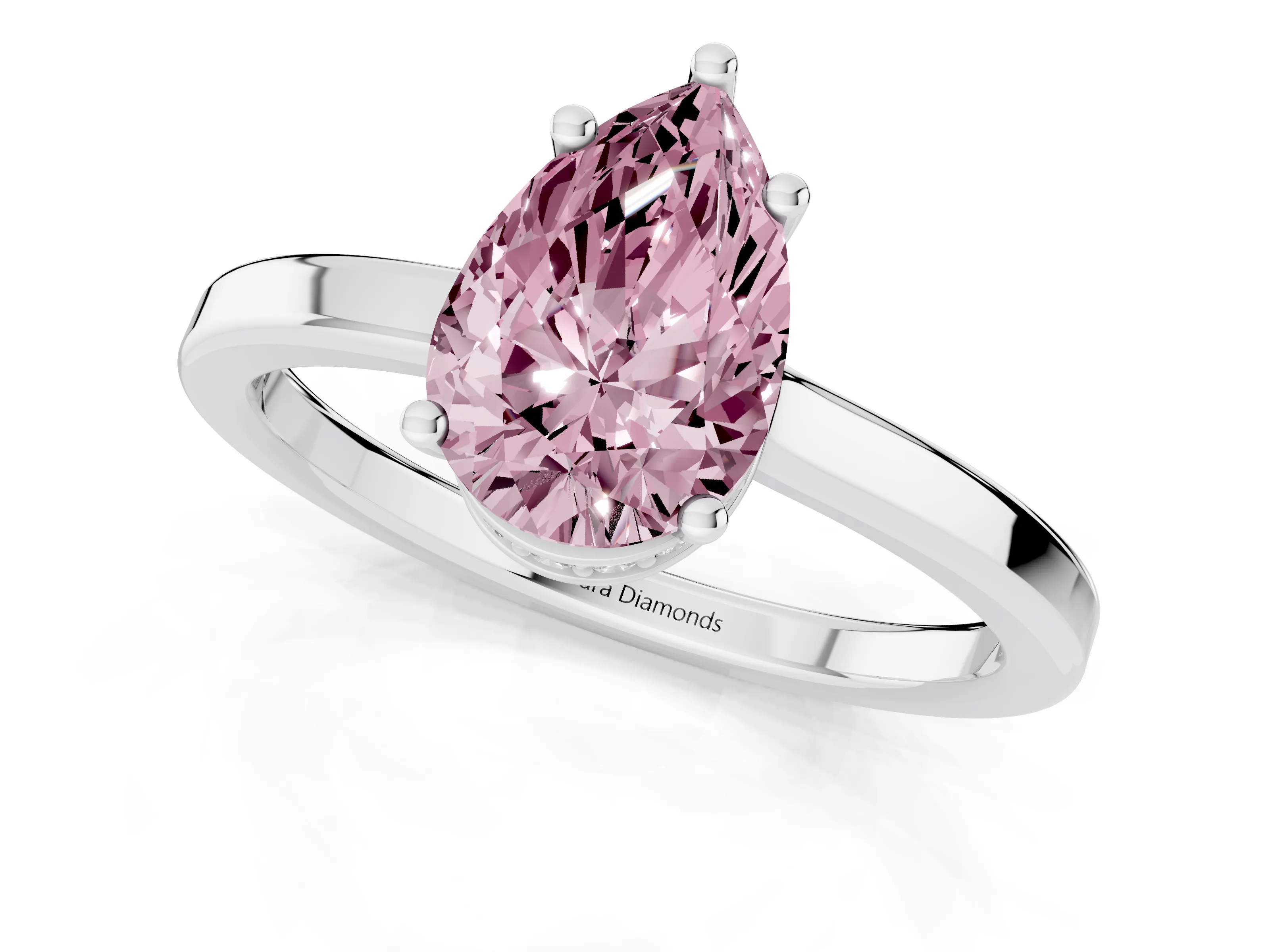 Fancy Pink Pear Cut Diamond Solitaire Engagement Ring Set in Platinum with Prong Setting on a Plain Band – second view