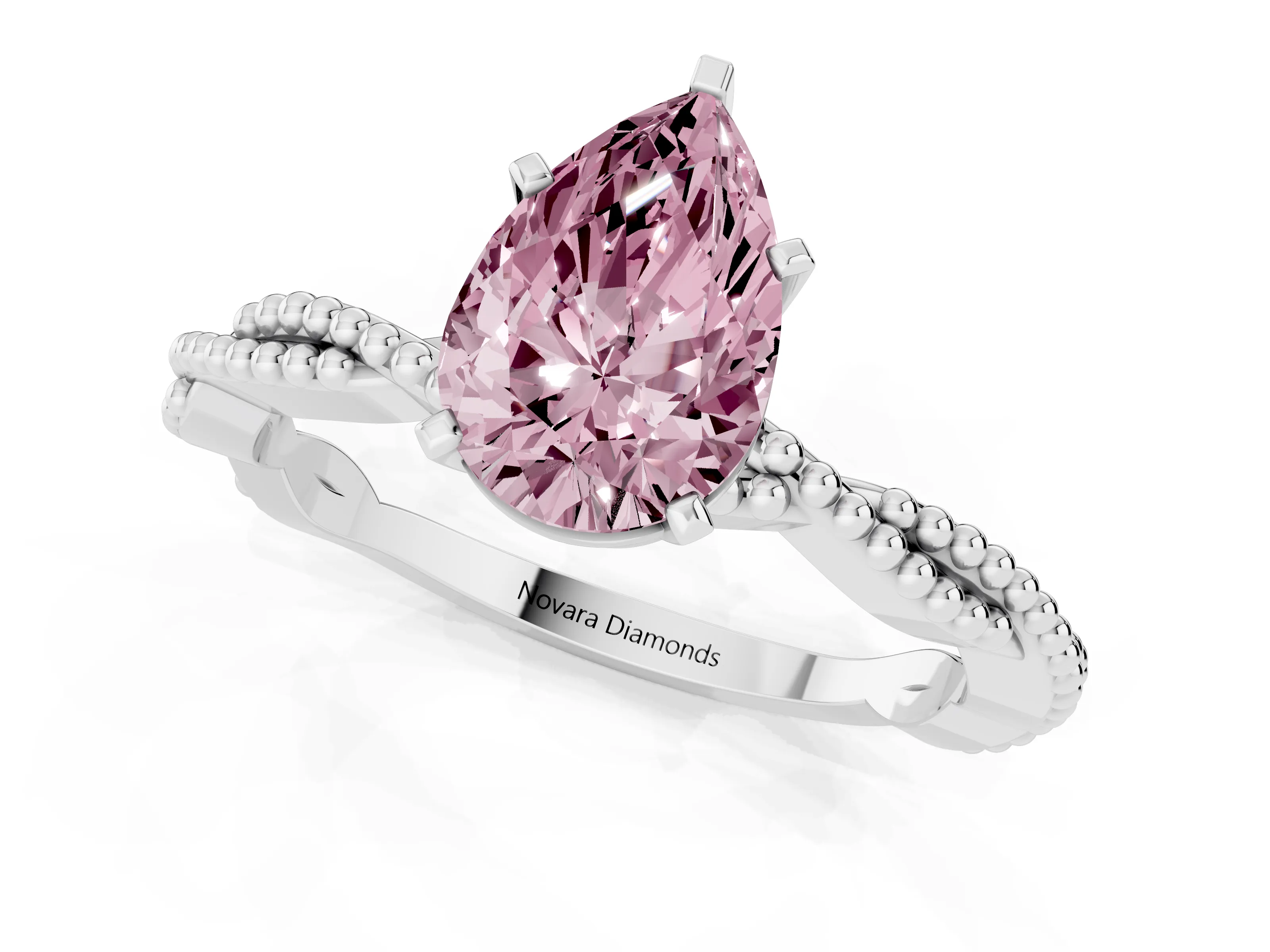 Fancy Pink Pear Cut Diamond Solitaire Ring Set in Silver with Twisted Band and Bead Prong Setting