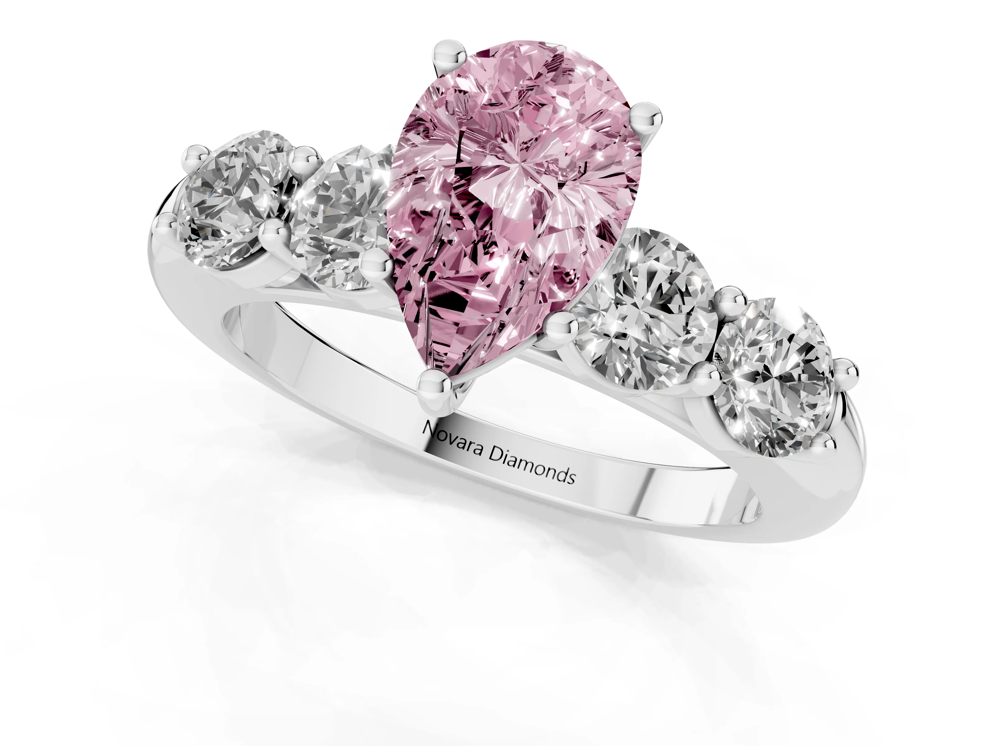 Fancy Pink Pear Cut Diamond Five-Stone Prong Set Ring Set in White gold with Classic Band
