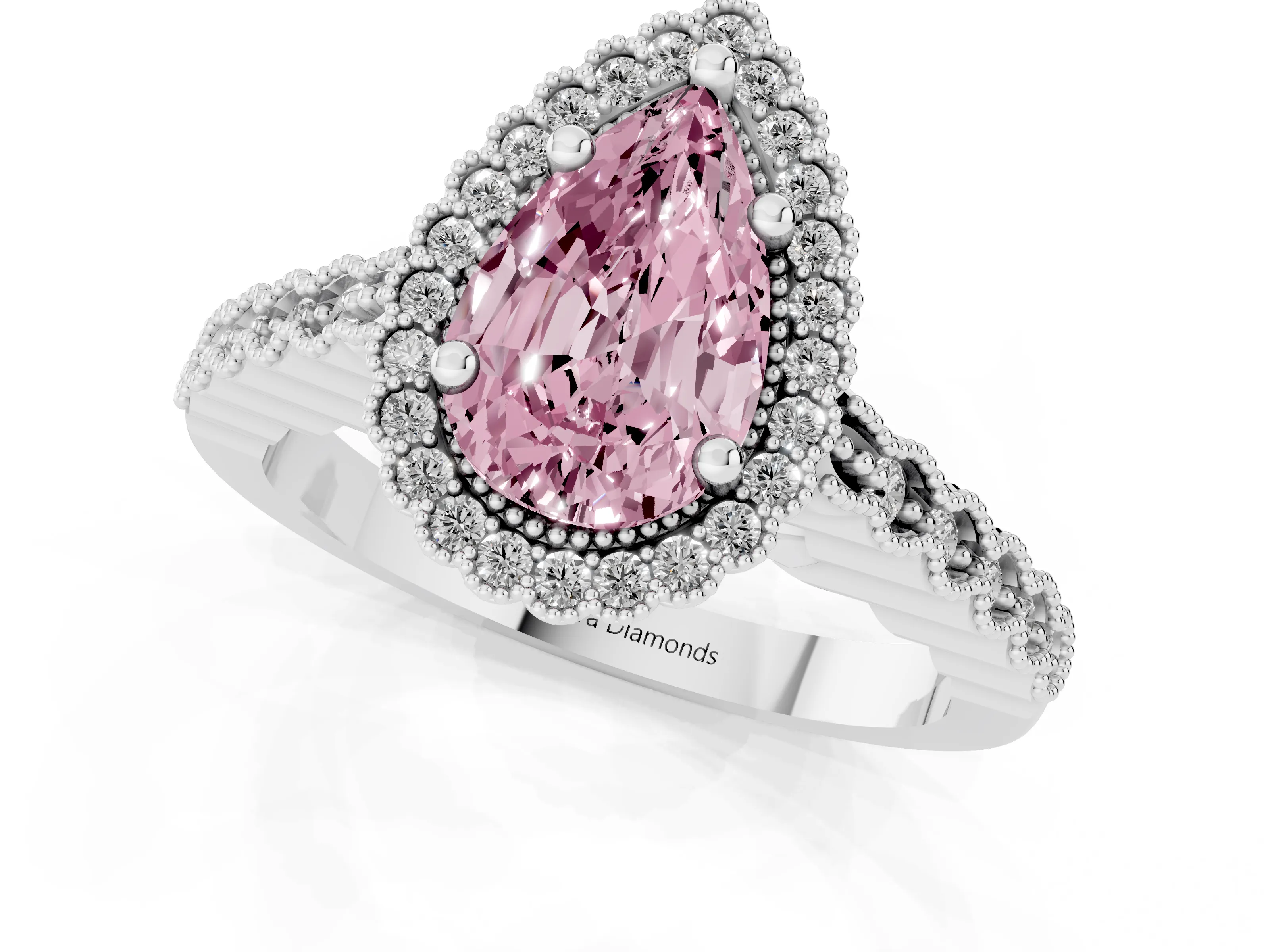 Fancy Pink Pear Cut Diamond Halo Ring Set in Platinum with Pavé Milgrain Band