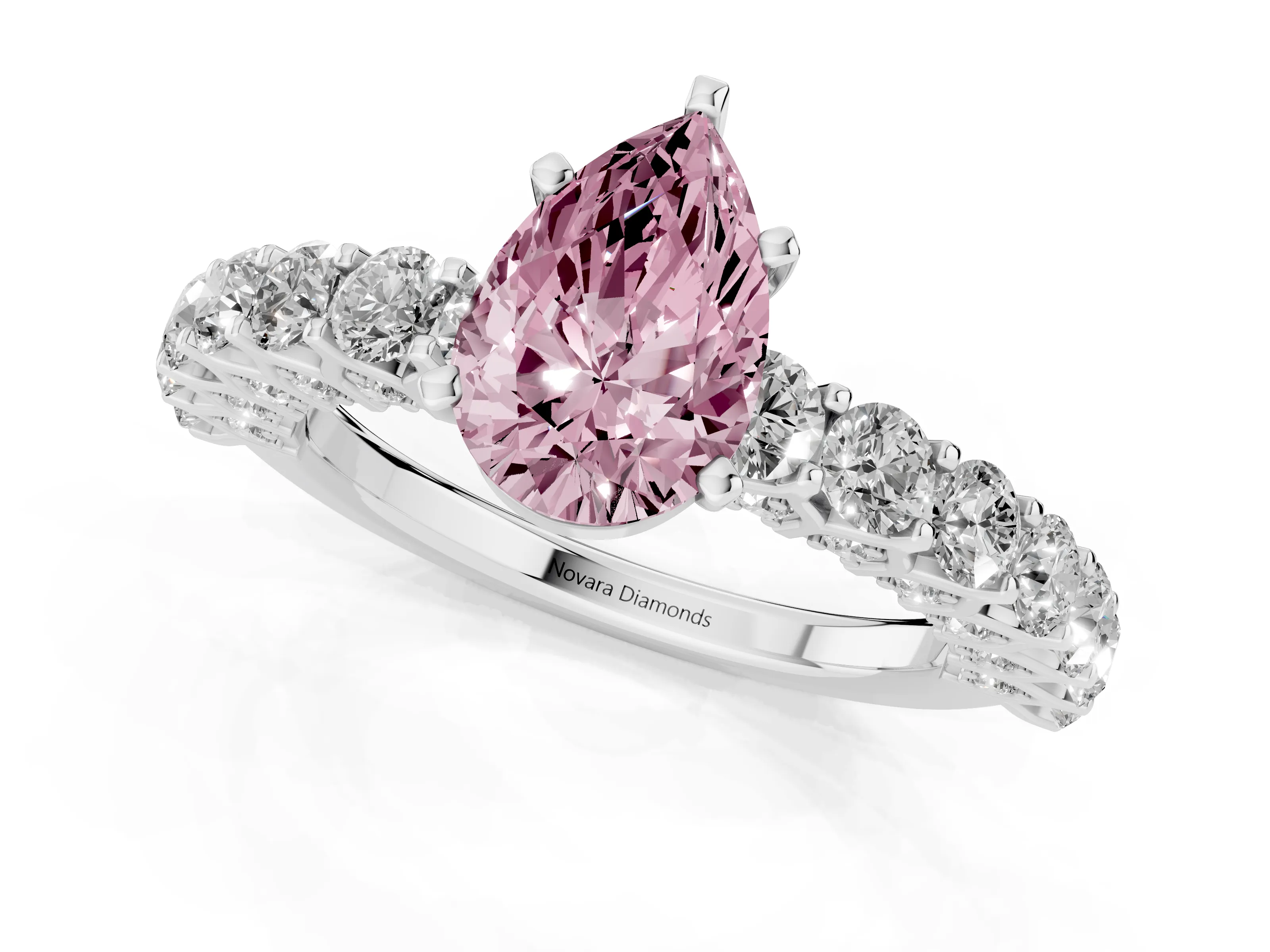 Fancy Pink Pear Cut Diamond Solitaire Ring Set in Silver with Shared Prong Pavé Band