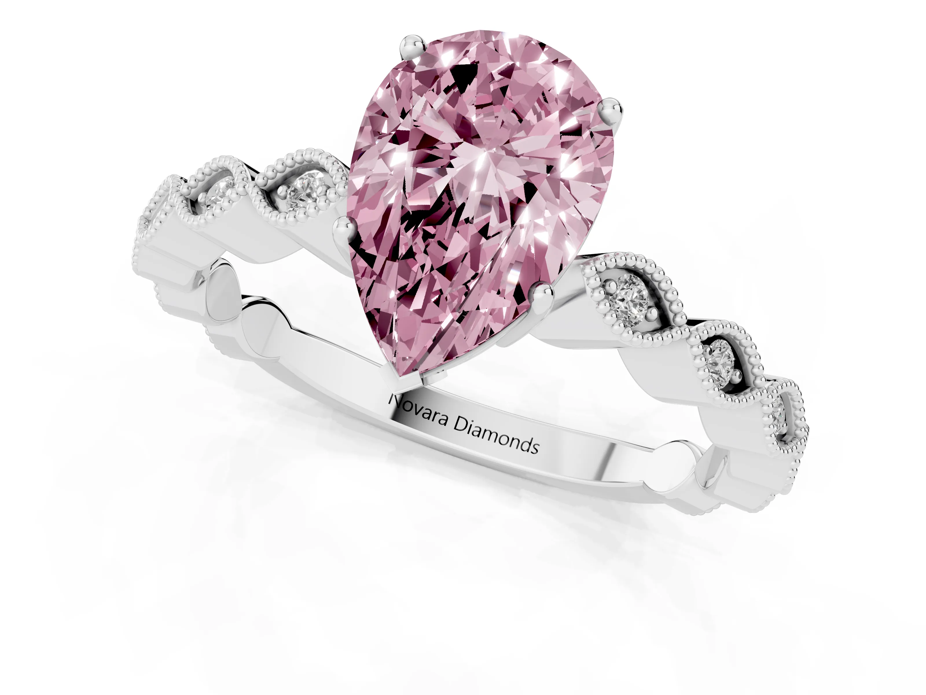 Fancy Pink Pear Cut Diamond Solitaire Ring Set in Silver with Infinity Twist Pavé Band