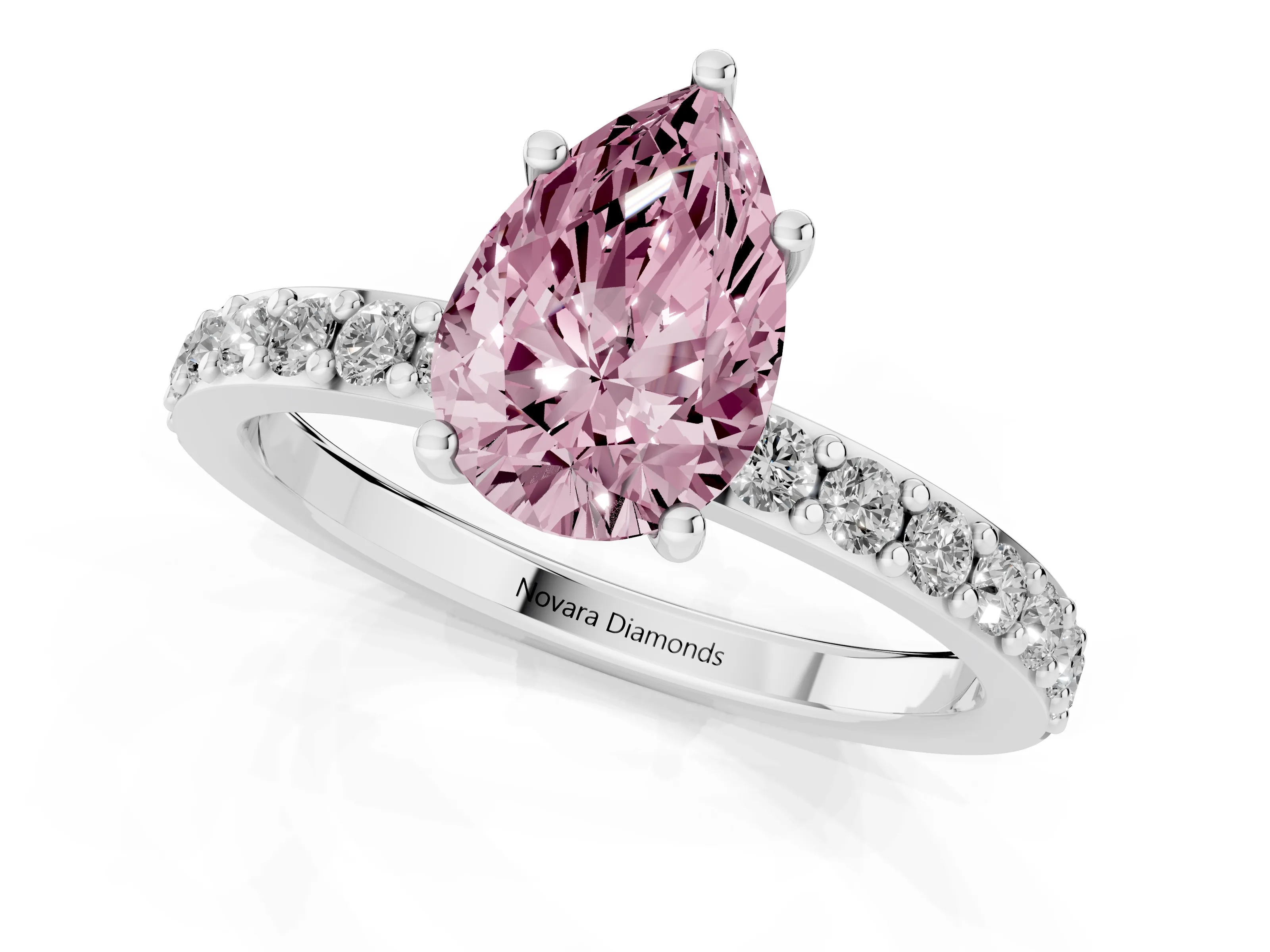Fancy Pink Pear Cut Diamond Solitaire Set in White gold with Round Pavé Band and Prong Setting