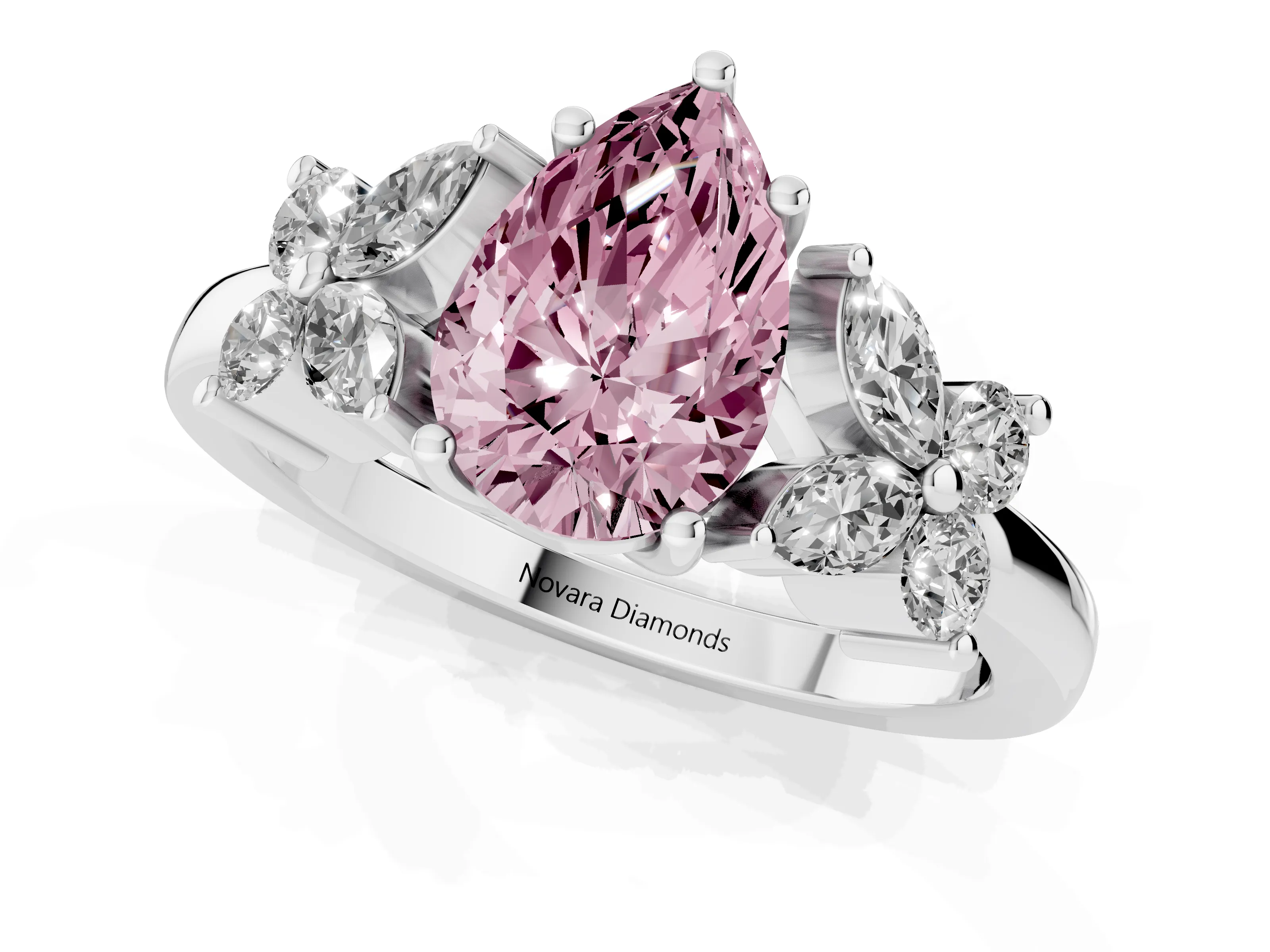 Fancy Pink Pear Cut Diamond Floral Cluster Ring Set in Platinum with Marquise Petals and Prong Setting