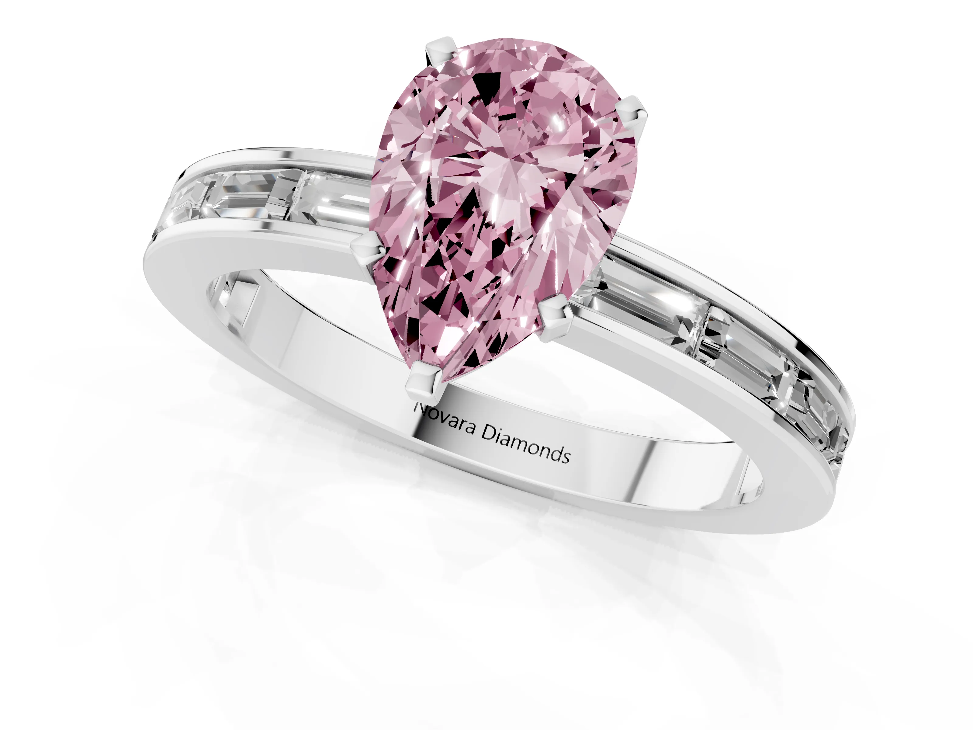 Fancy Pink Pear Cut Diamond Solitaire Ring Set in Silver with Channel-Set Baguette Band and Prong Setting