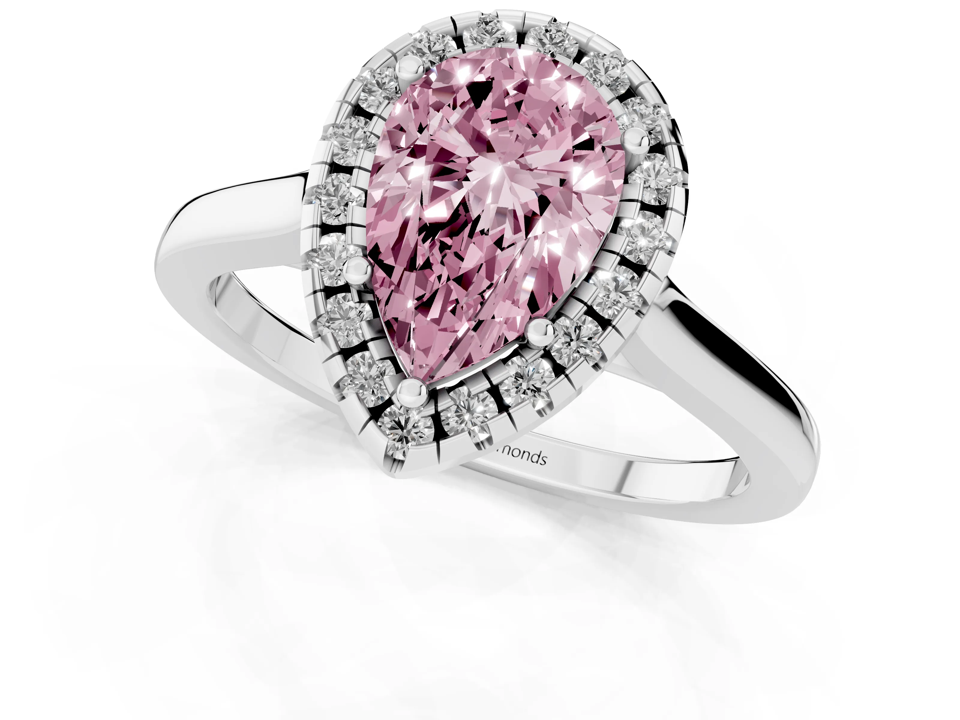 Fancy Pink Pear Cut Halo Round Diamond Solitaire Ring Set in Platinum with Pavé Band and Prong Setting