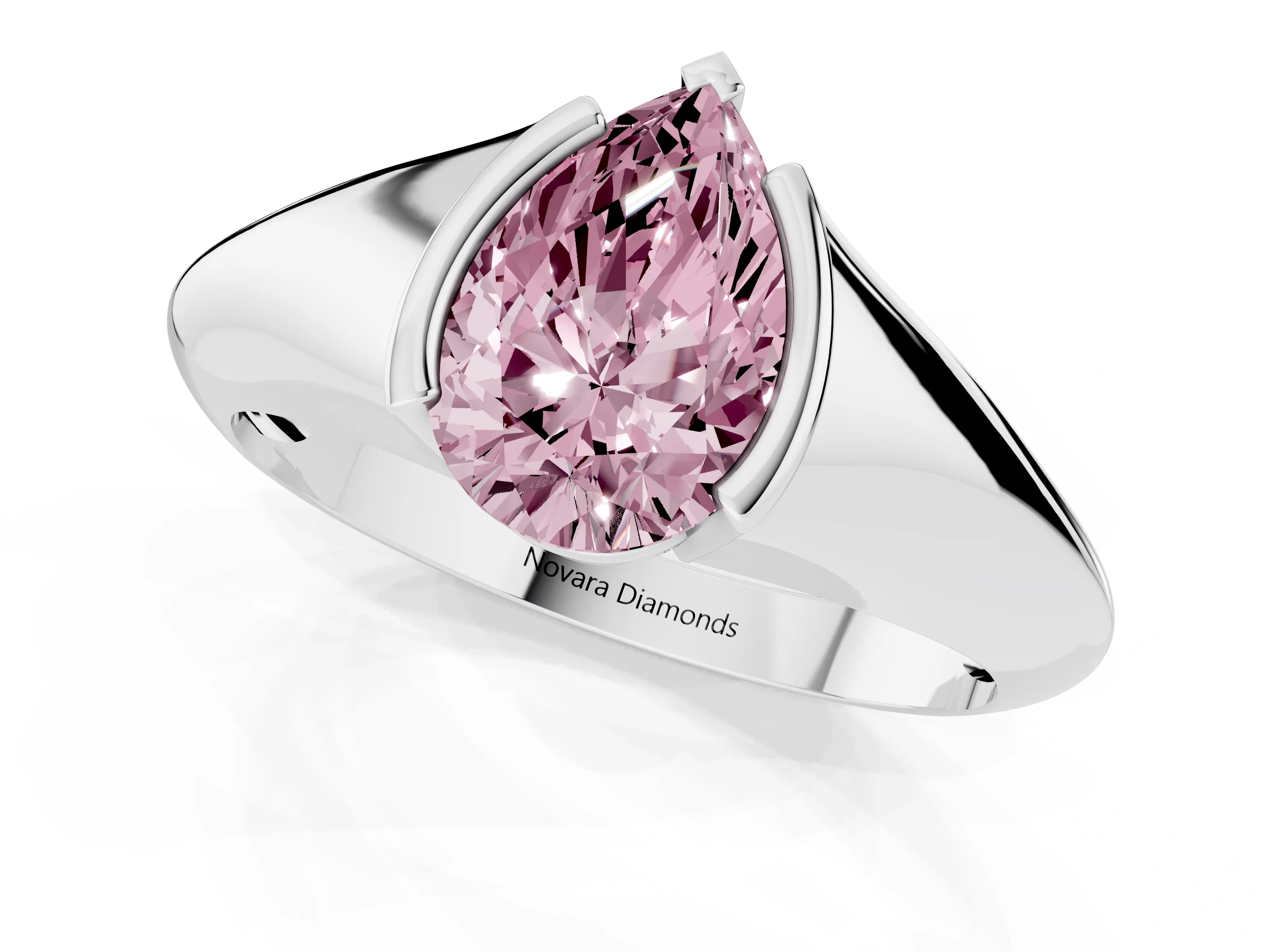 Fancy Pink Pear Cut Diamond Solitaire Tension Set Ring Set in Silver