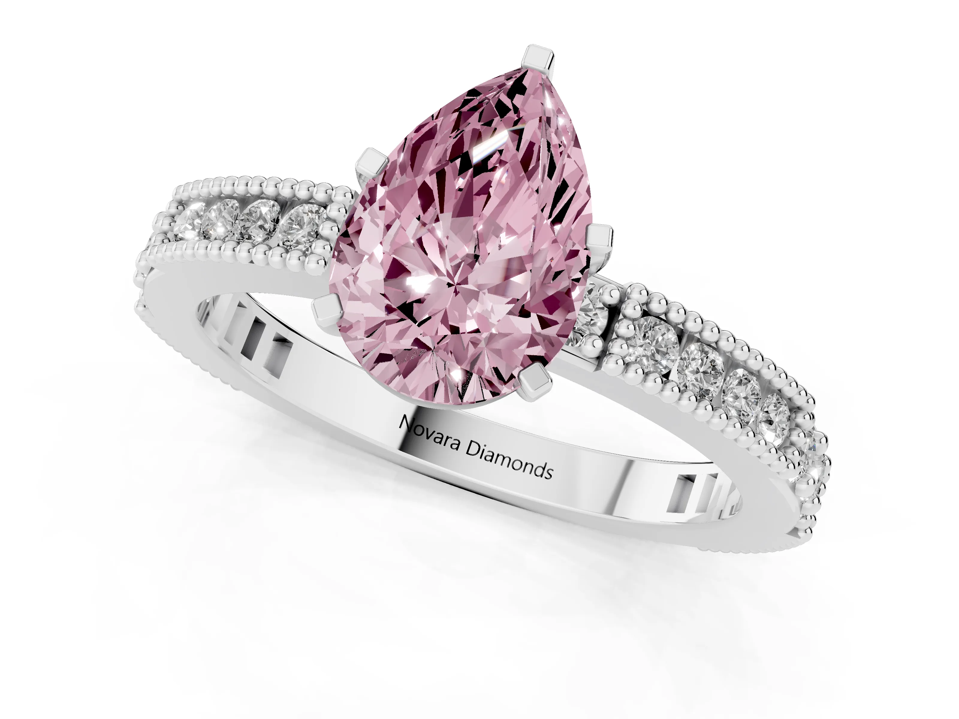 Fancy Pink Pear Cut Diamond Solitaire Ring Set in Platinum with Slim Pavé Band and Prong Setting