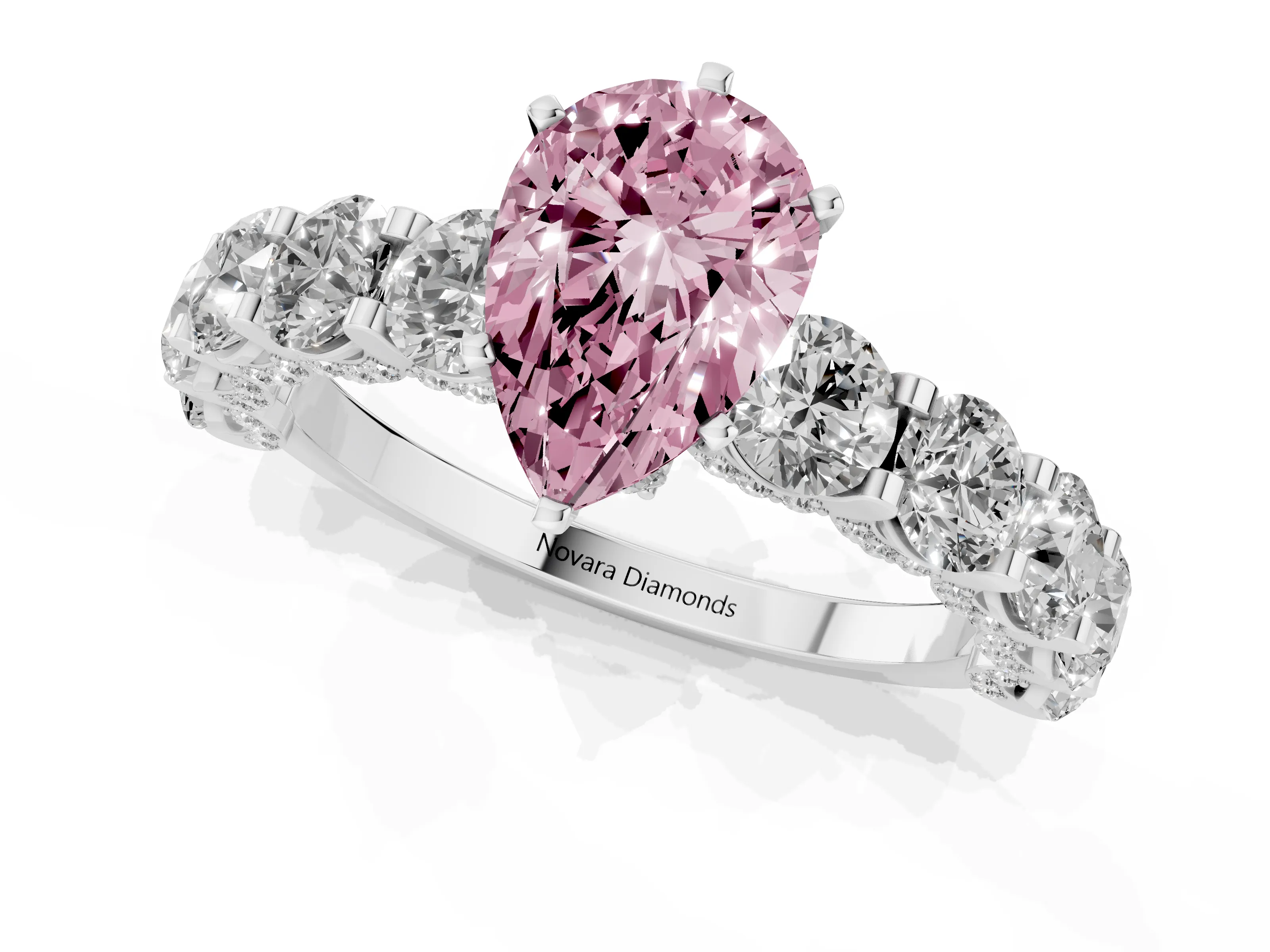 Fancy Pink Pear Cut Diamond Side Stone Ring Set in Silver with Alternating Round and Oval Side Stones