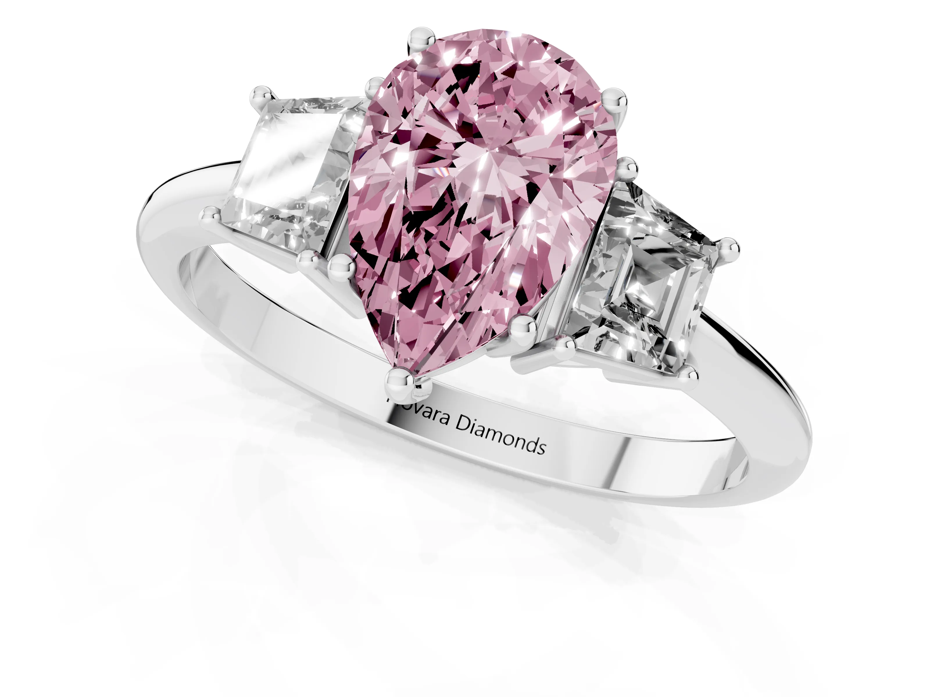 Fancy Pink Pear Cut Diamond Three-Stone Ring Set in White gold with Trapezoid Side Stones and Prong Setting