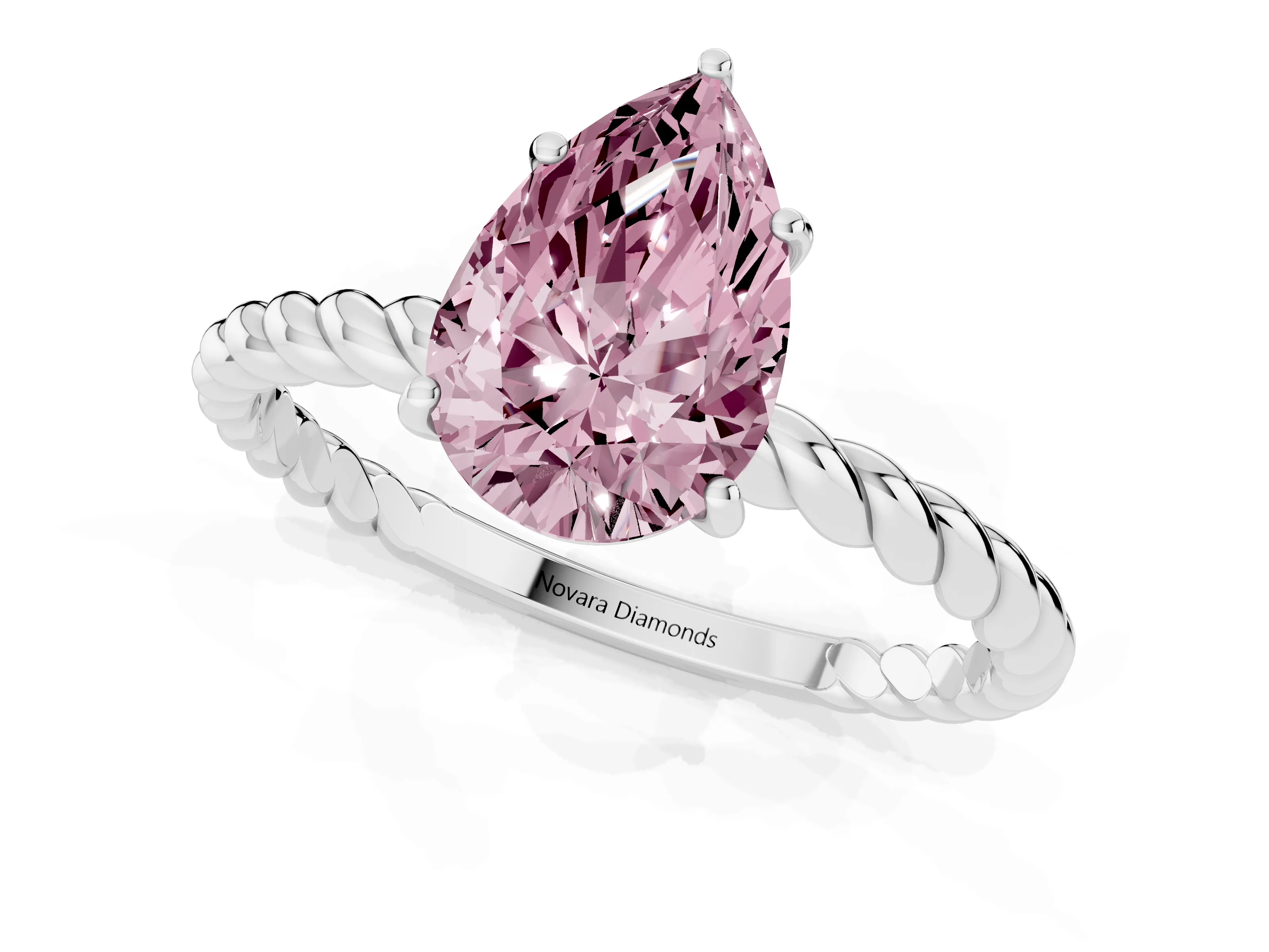 Fancy Pink Pear Cut Diamond Solitaire Ring Set in Platinum with Twist Band and Prong Setting