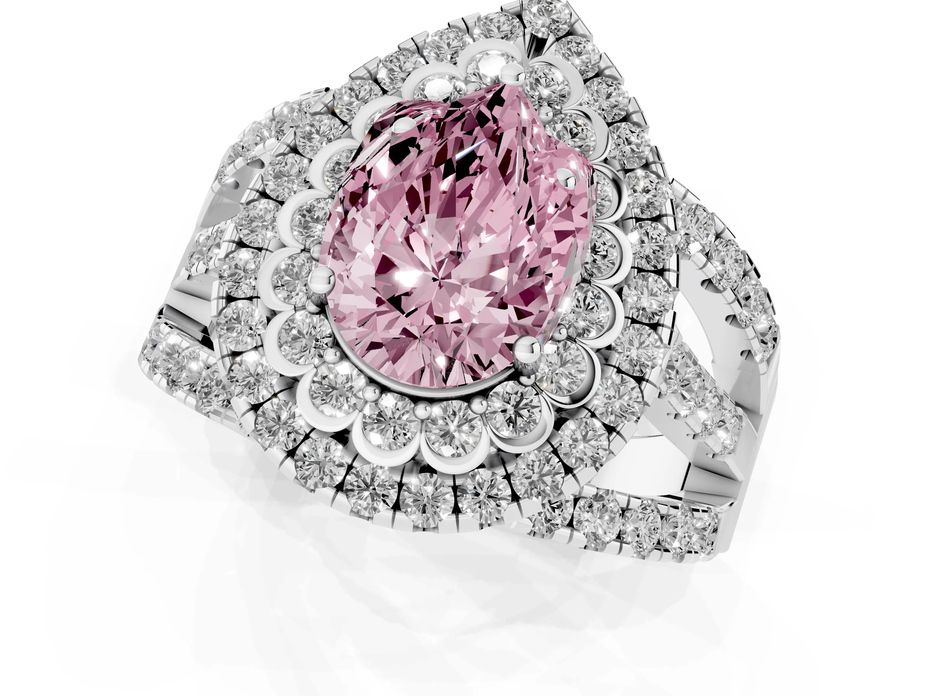 Fancy Pink Pear Cut Diamond Double Halo Ring Set in Silver with Round Pavé Split Shank