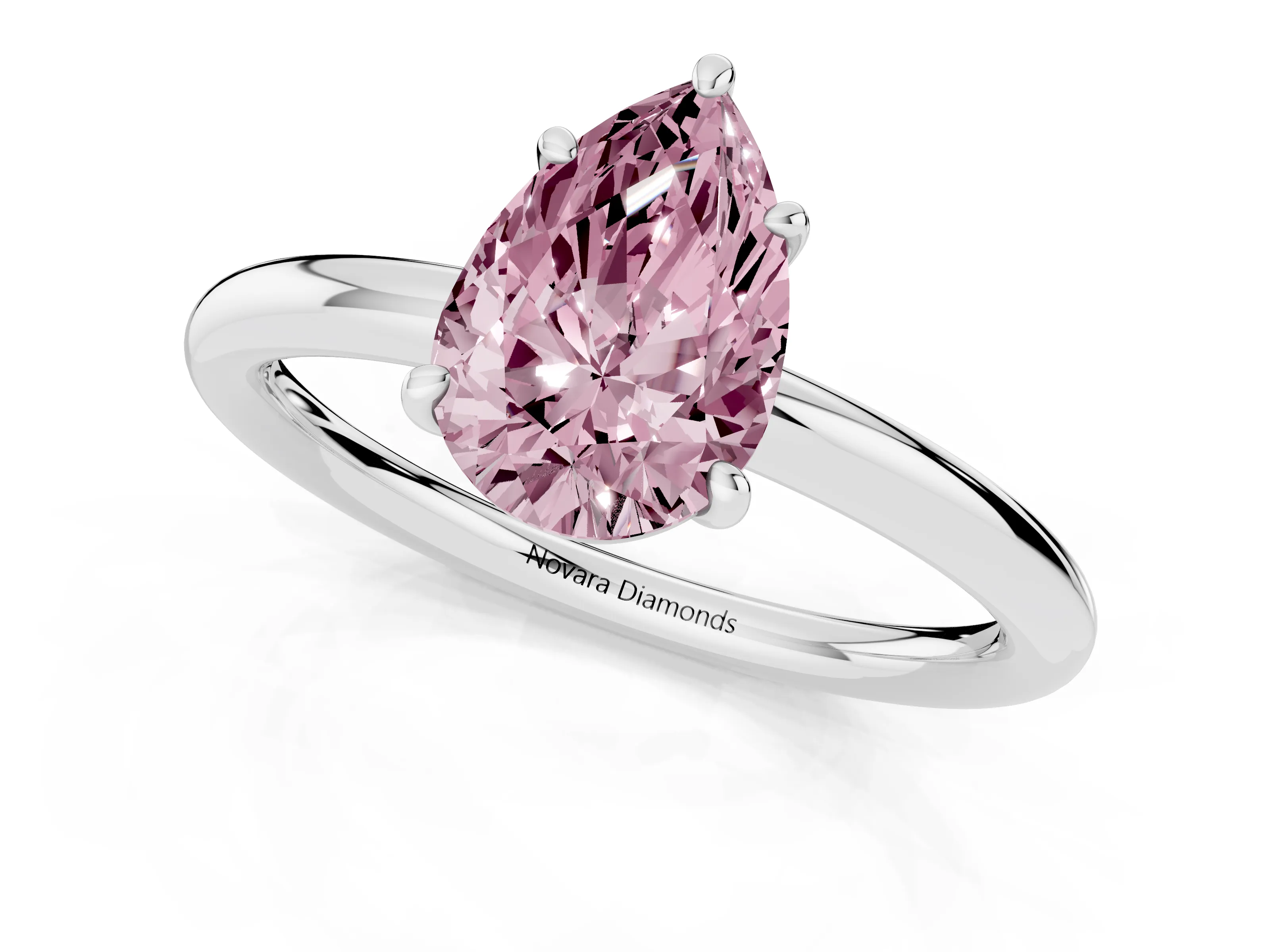 Fancy Pink Pear Cut Diamond Solitaire Ring Set in White gold with Prong Setting on a Polished Plain Band