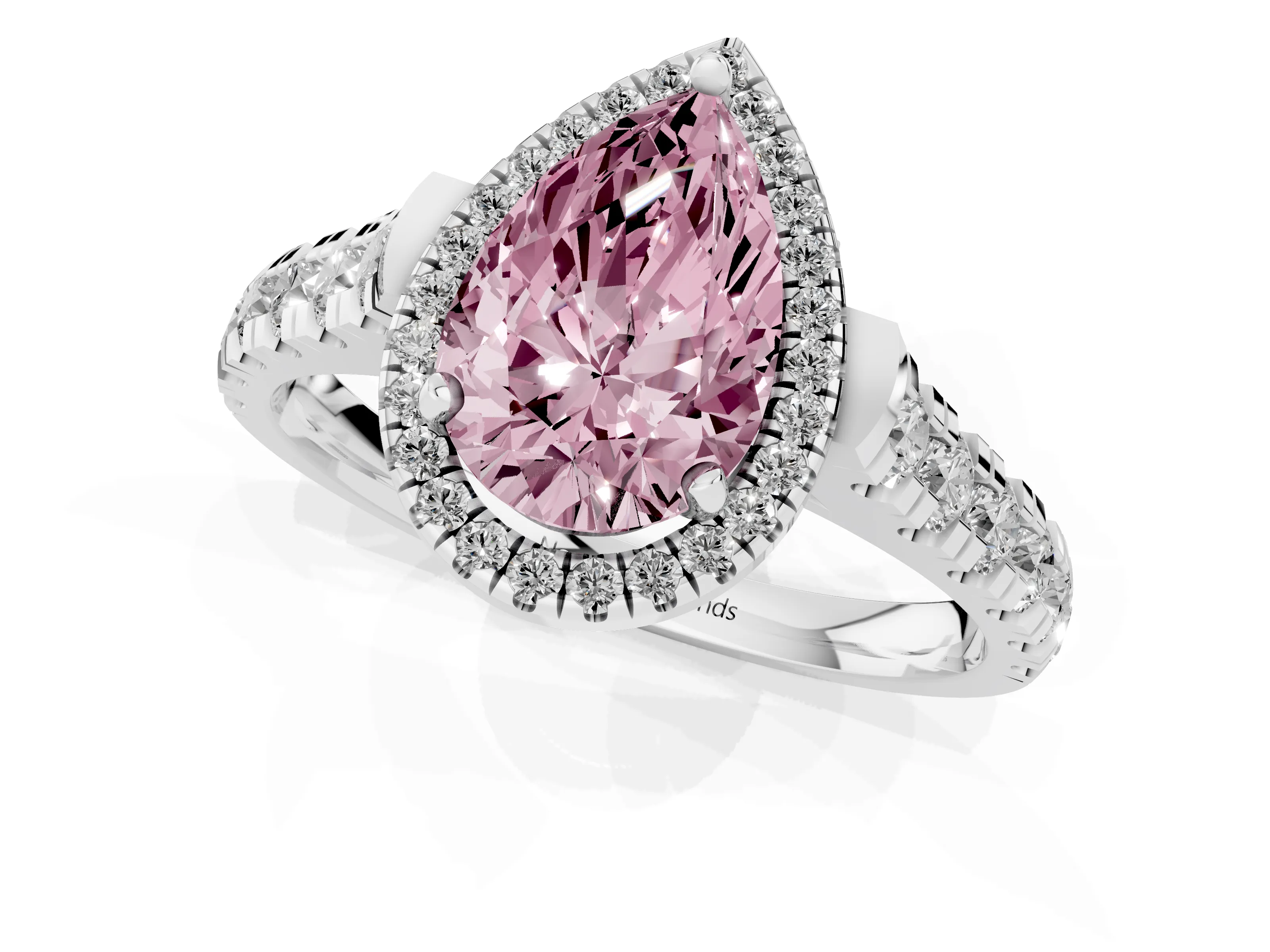 Fancy Pink Pear Cut Diamond Halo Engagement Ring Set in Platinum with Pavé Band and Prong-Set Center