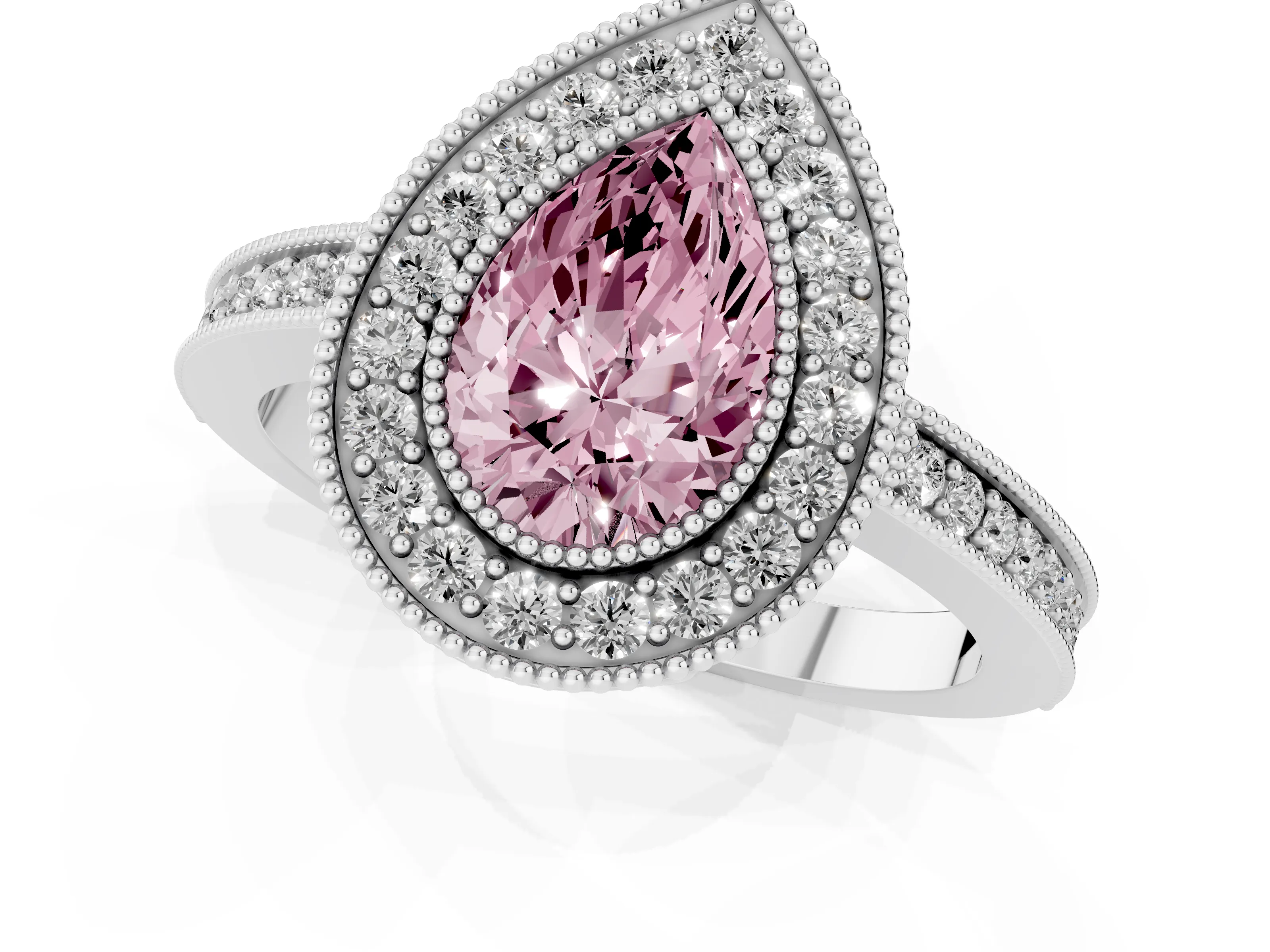 Fancy Pink Pear Cut Diamond Round Halo Ring Set in White gold with Pavé Band
