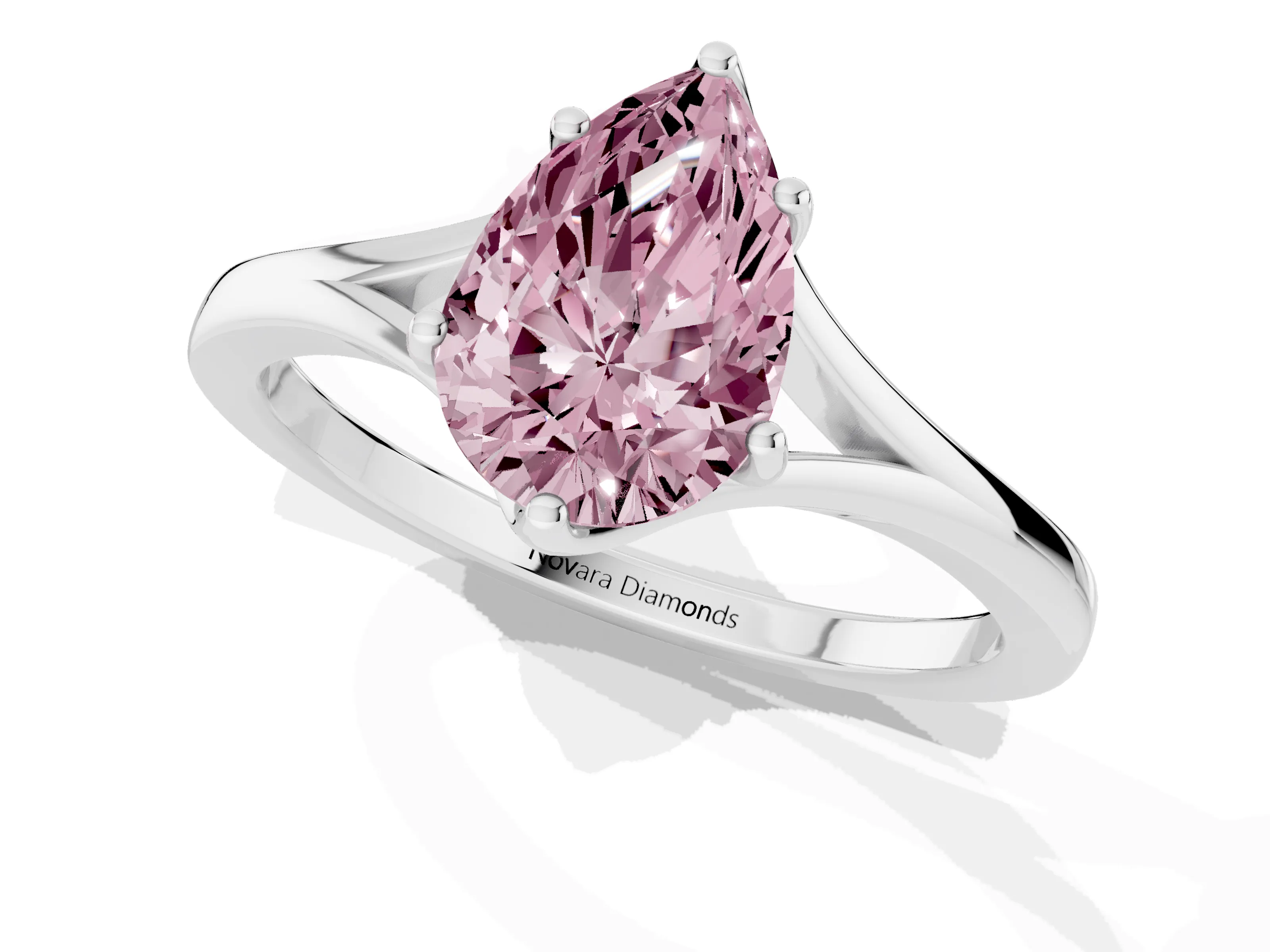 Fancy Pink Pear Cut Diamond Solitaire Ring Set in Silver with Polished Tapered Band and Prong Setting